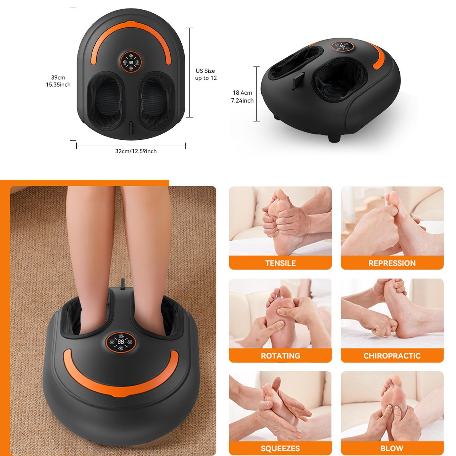 Fußmassagegerät mit Abmessungen und verschiedenen Massagearten an der Seite.