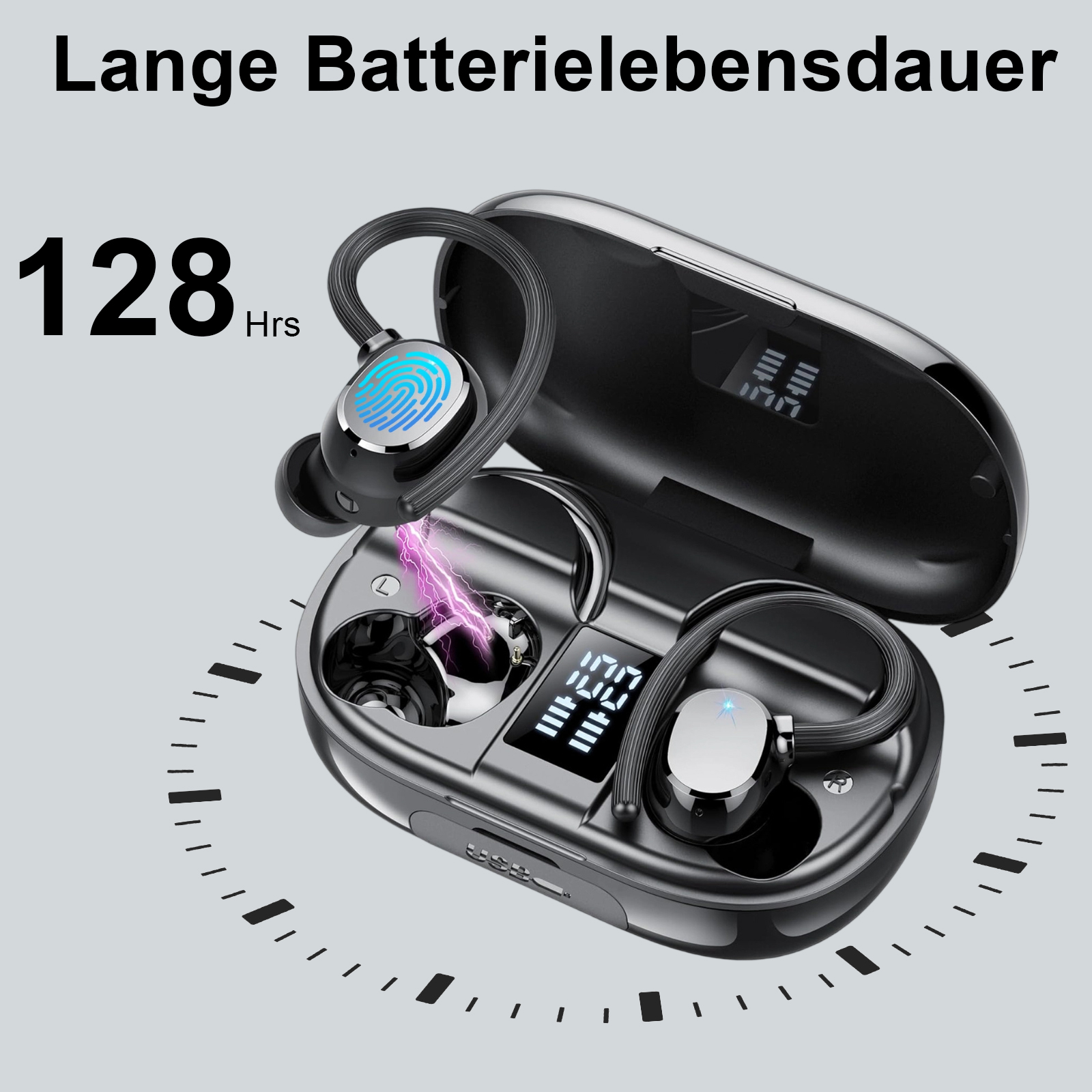Kabellose Ohrhörer-Ladebox mit digitaler Anzeige und Uhr.