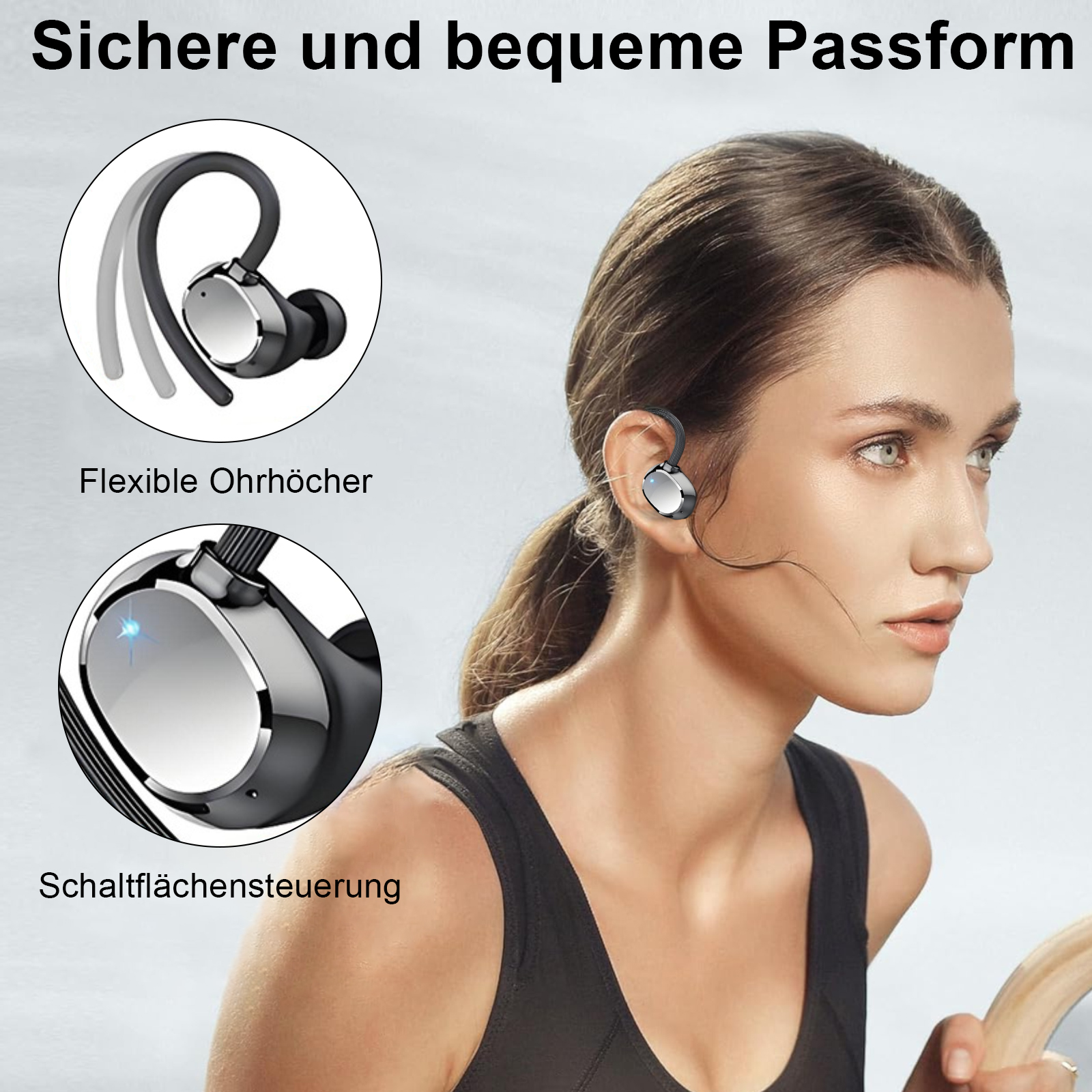 Eine Frau mit Ohrhörern, die läuft. Diagramme der Ohrhörer sind sichtbar.