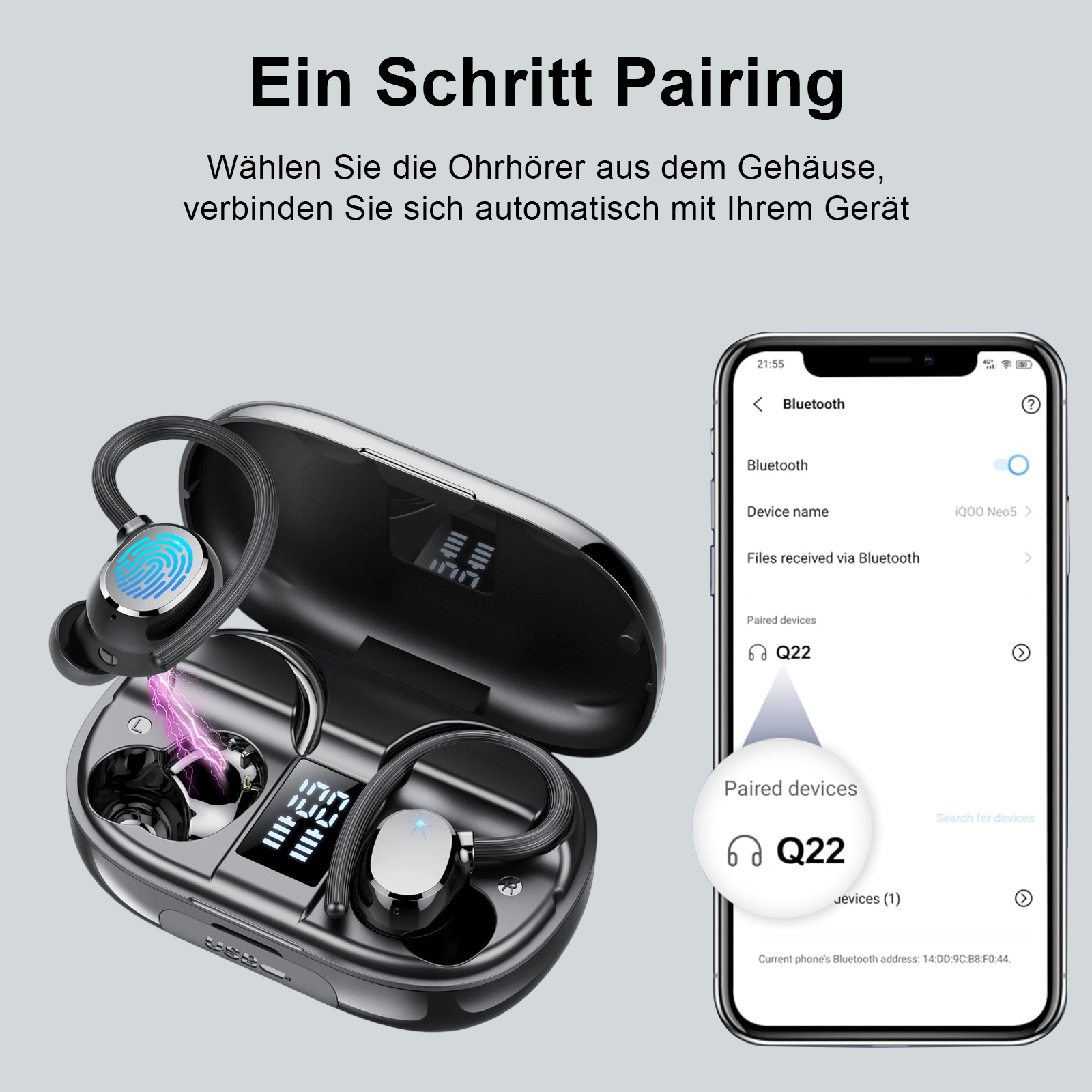 Kabellose Ohrhörer und Hülle mit einem Telefon, das einen Bluetooth-Pairing-Bildschirm zeigt.