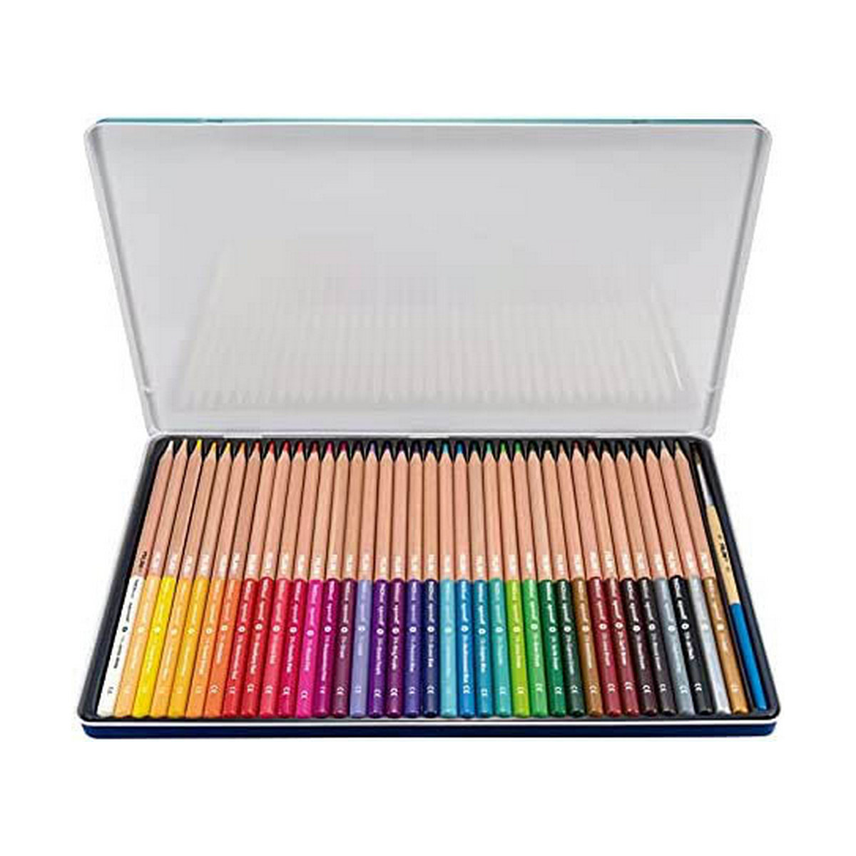 Eine geöffnete Schachtel mit Farbstiften, die viele Stifte in einer Reihe von Farben zeigt.