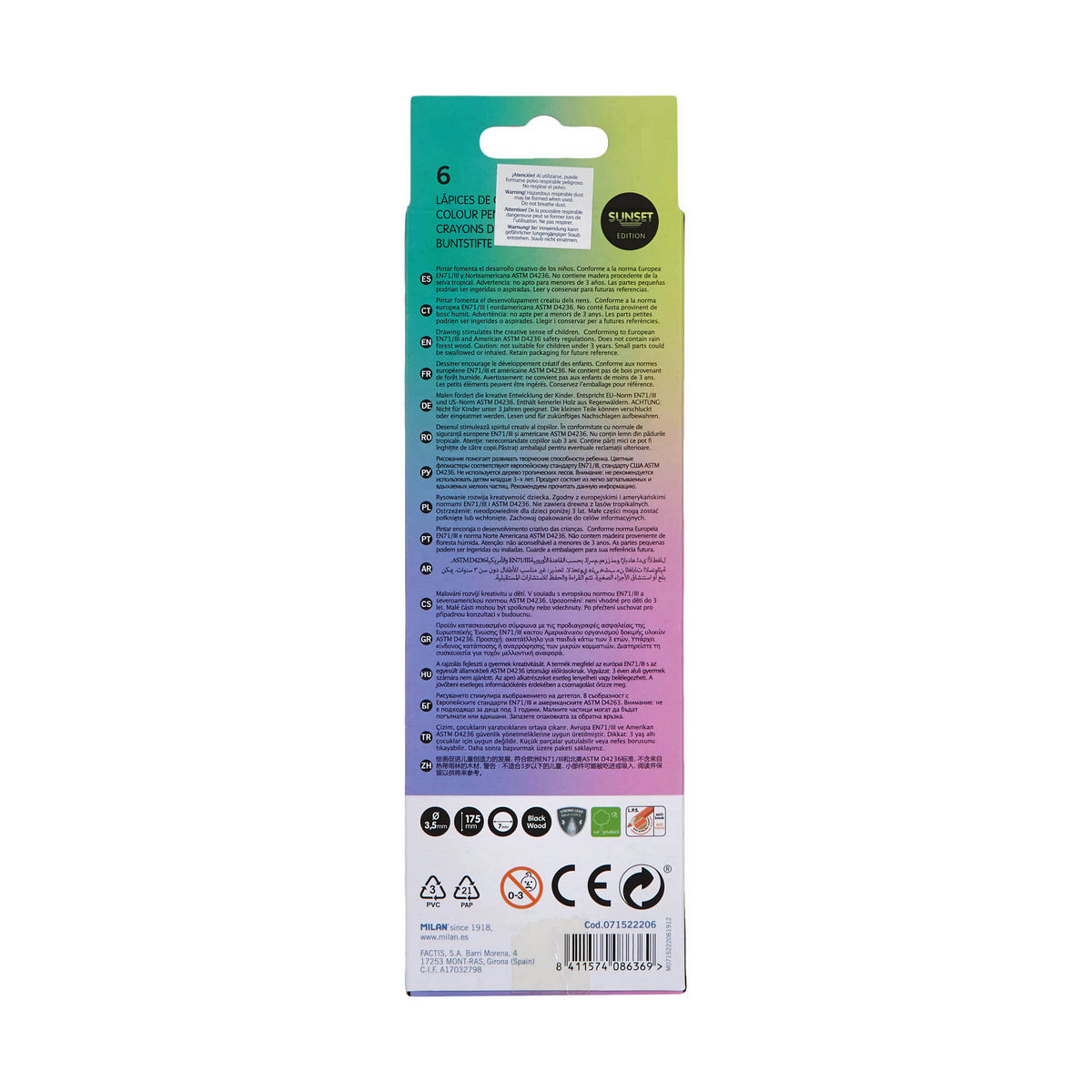 Eine Produktverpackung mit Text, Symbolen und Farbstiften. Es hat ein Etikett.