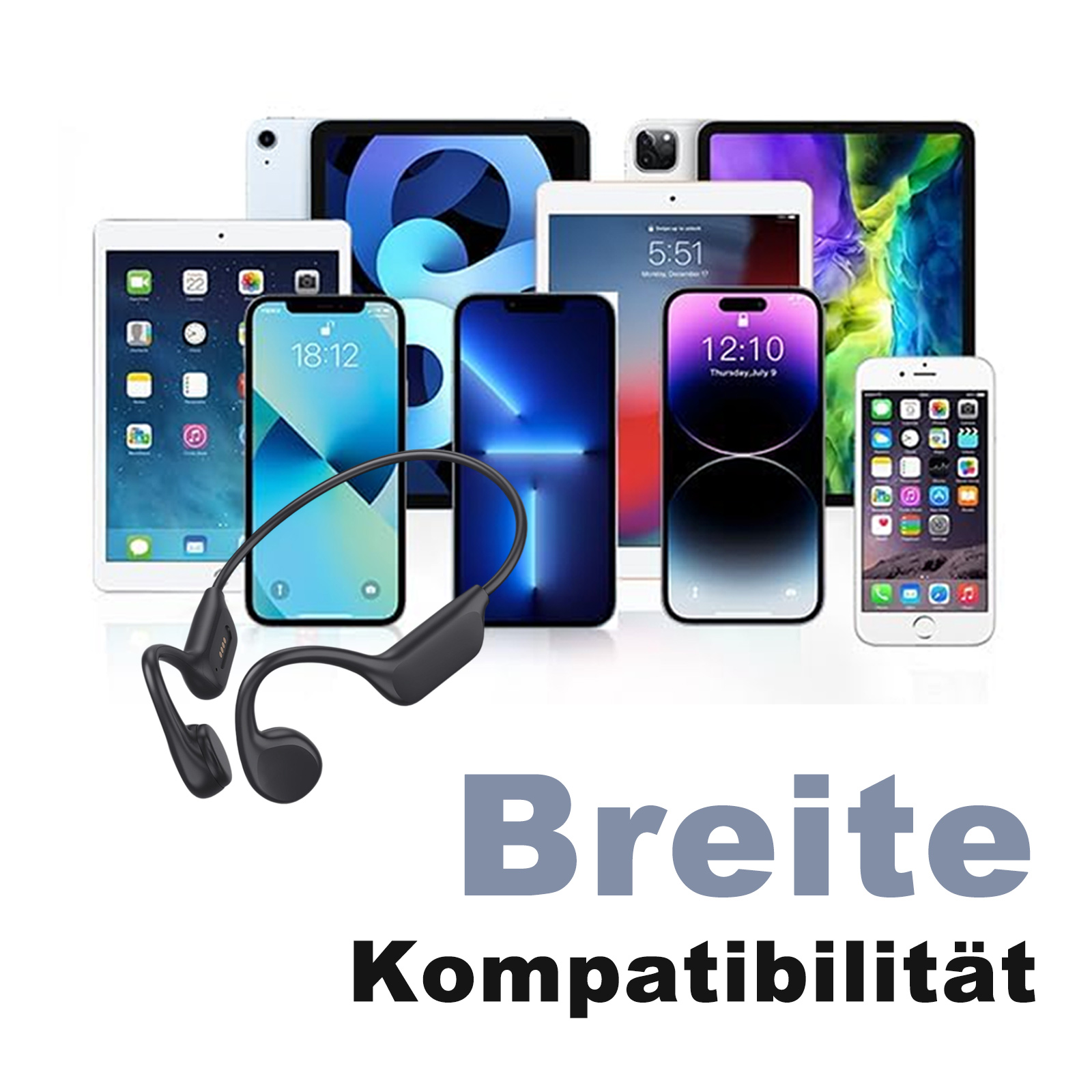 Ein schwarzer Kopfhörer in der Nähe von Telefonen und Tablets. Der Text lautet 'Breite Kompatibilität'.