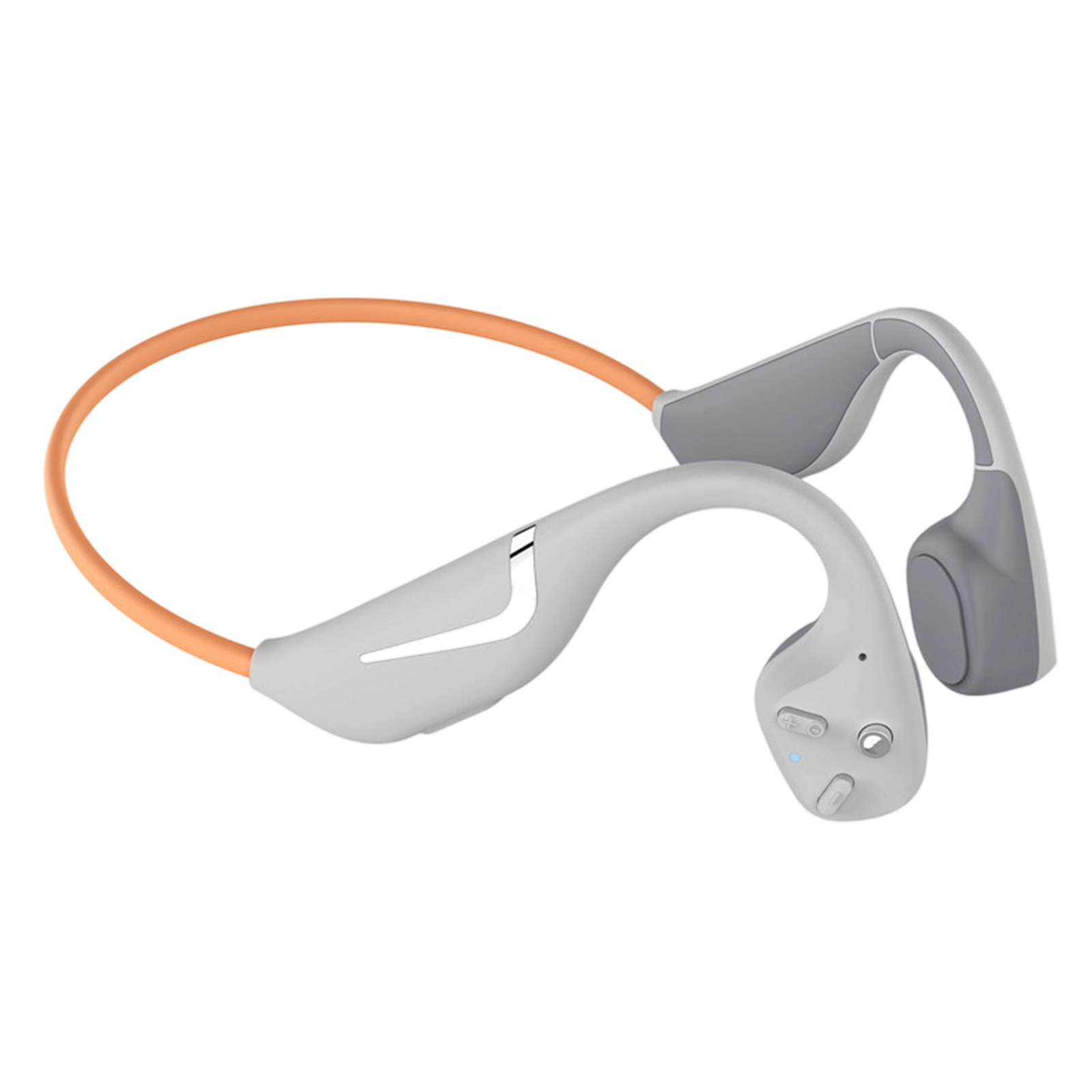 Graue und orangefarbene kabellose Kopfhörer. Das Design ist elegant und modern, mit Ohrstücken und einem Band.