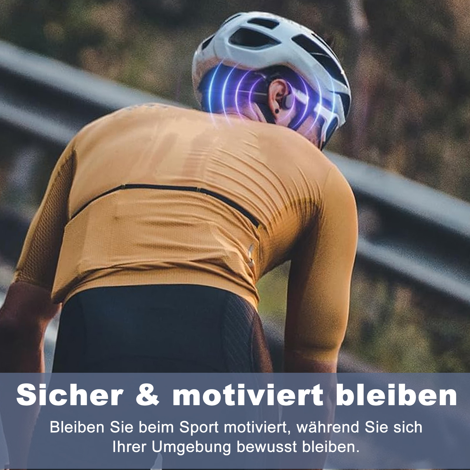 Radfahrer mit Helm und Ohrhörern. Die Ohrhörer strahlen blau.