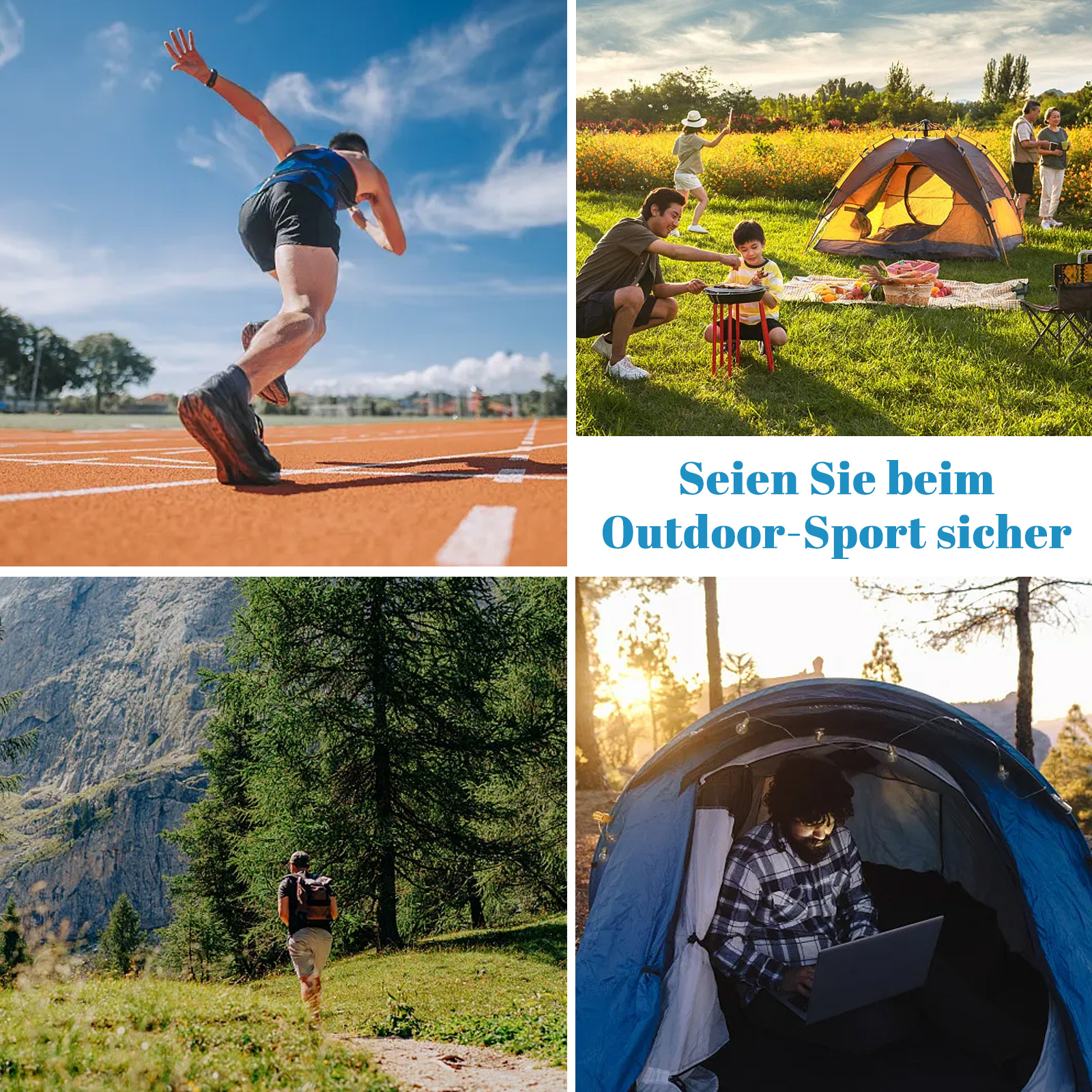 Collage von Outdoor-Szenen: Läufer, Camping, Wandern und ein Zelt im Sonnenuntergang.