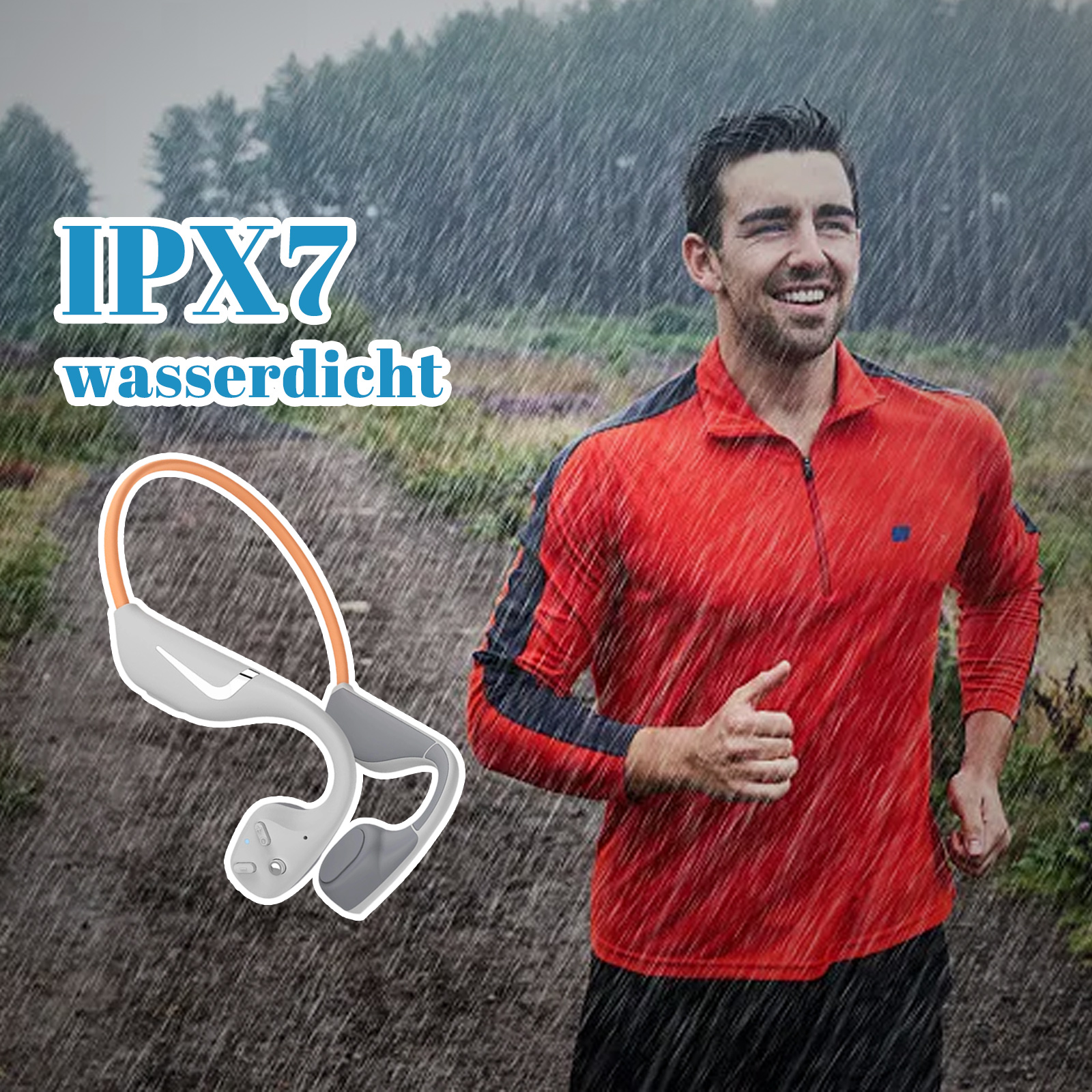 Mann, der im Regen mit Kopfhörern läuft. Er trägt eine rote Jacke, die Kopfhörer sind weiß und orange.