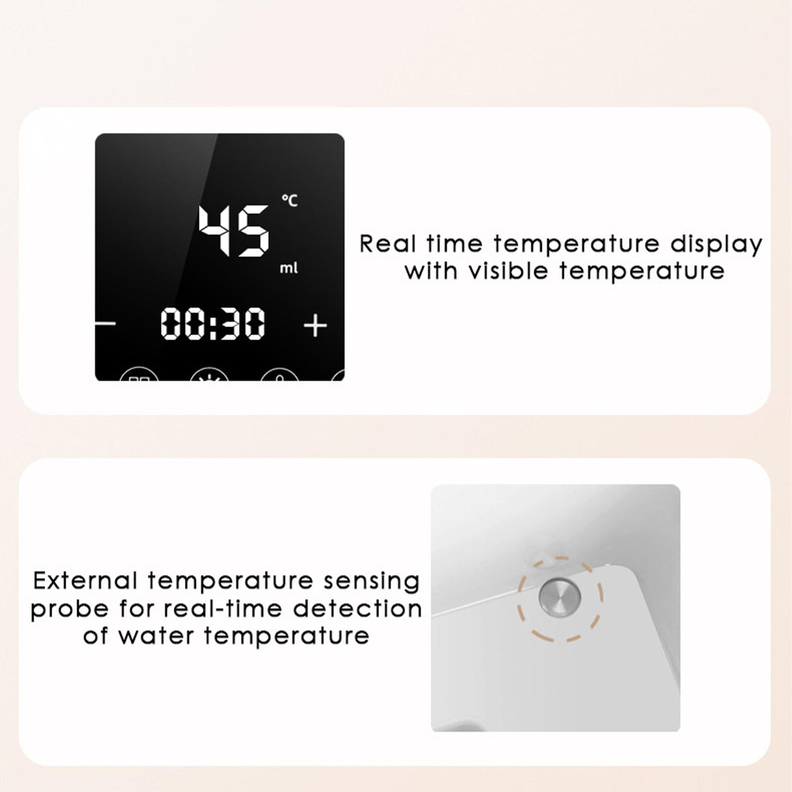 Nahaufnahme eines Digitaldisplays mit Temperatur und Timer. Eine Sonde befindet sich auf einer weißen Oberfläche.