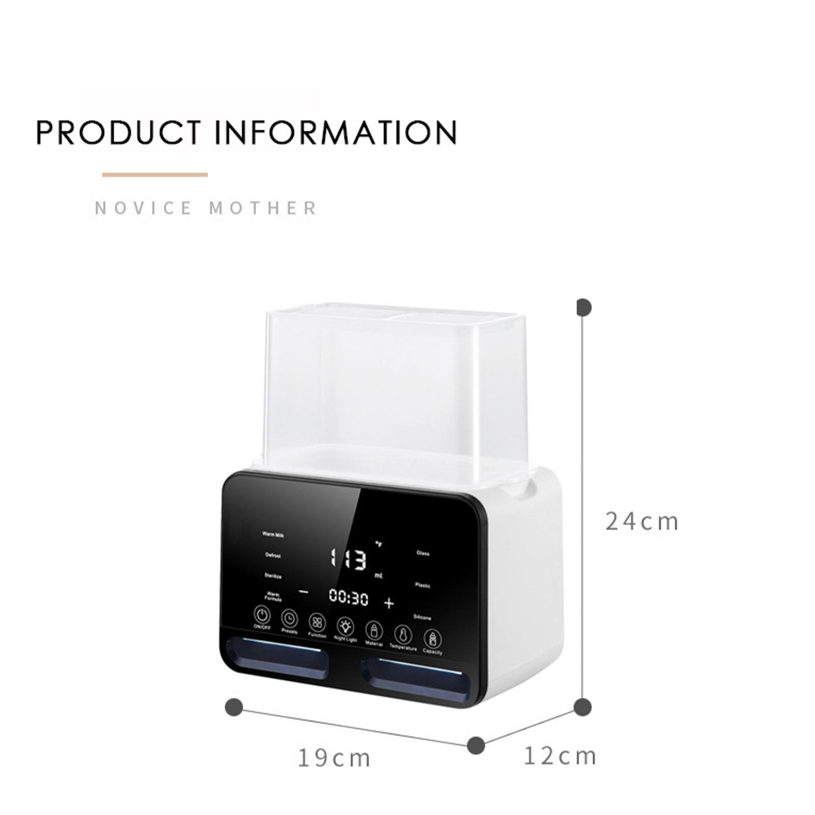 Babyflaschenwärmer mit den Abmessungen: 19cm x 12cm x 24cm. Er hat ein digitales Display und Funktionstasten.