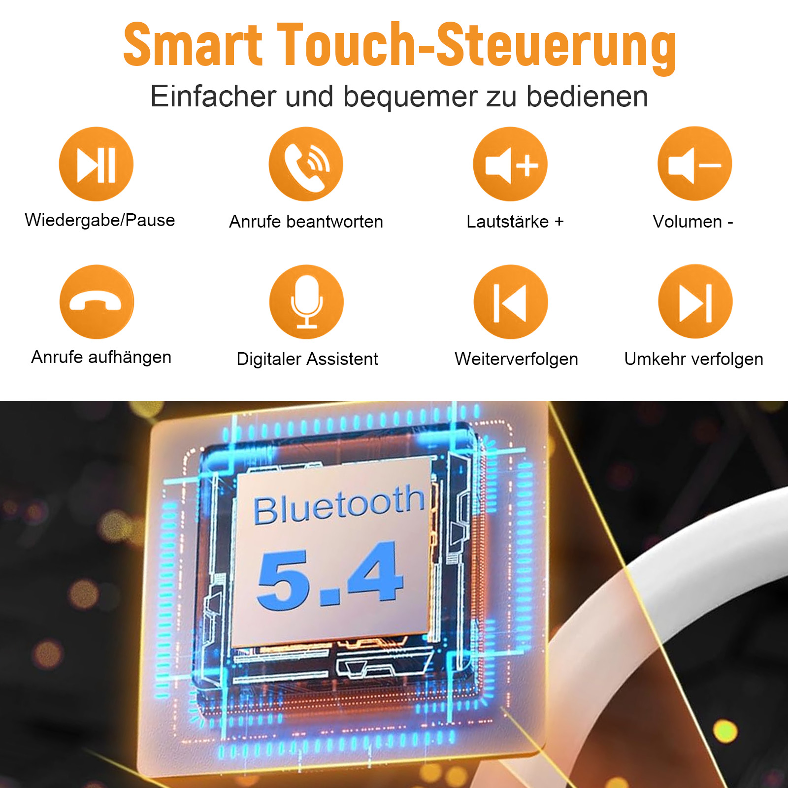 Bluetooth 5.4 Chip mit Symbolen für Wiedergabe/Pause, Anrufannahme, Lautstärke und mehr. Der Chip hat ein blaues Leuchten.