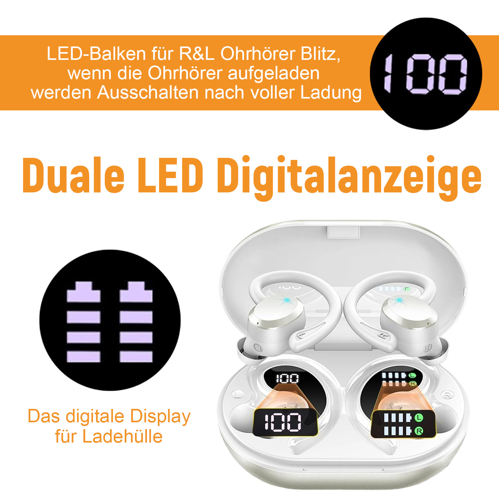 Weißes Ladecase mit Ohrhörern, Digitalanzeige mit Akkustand.