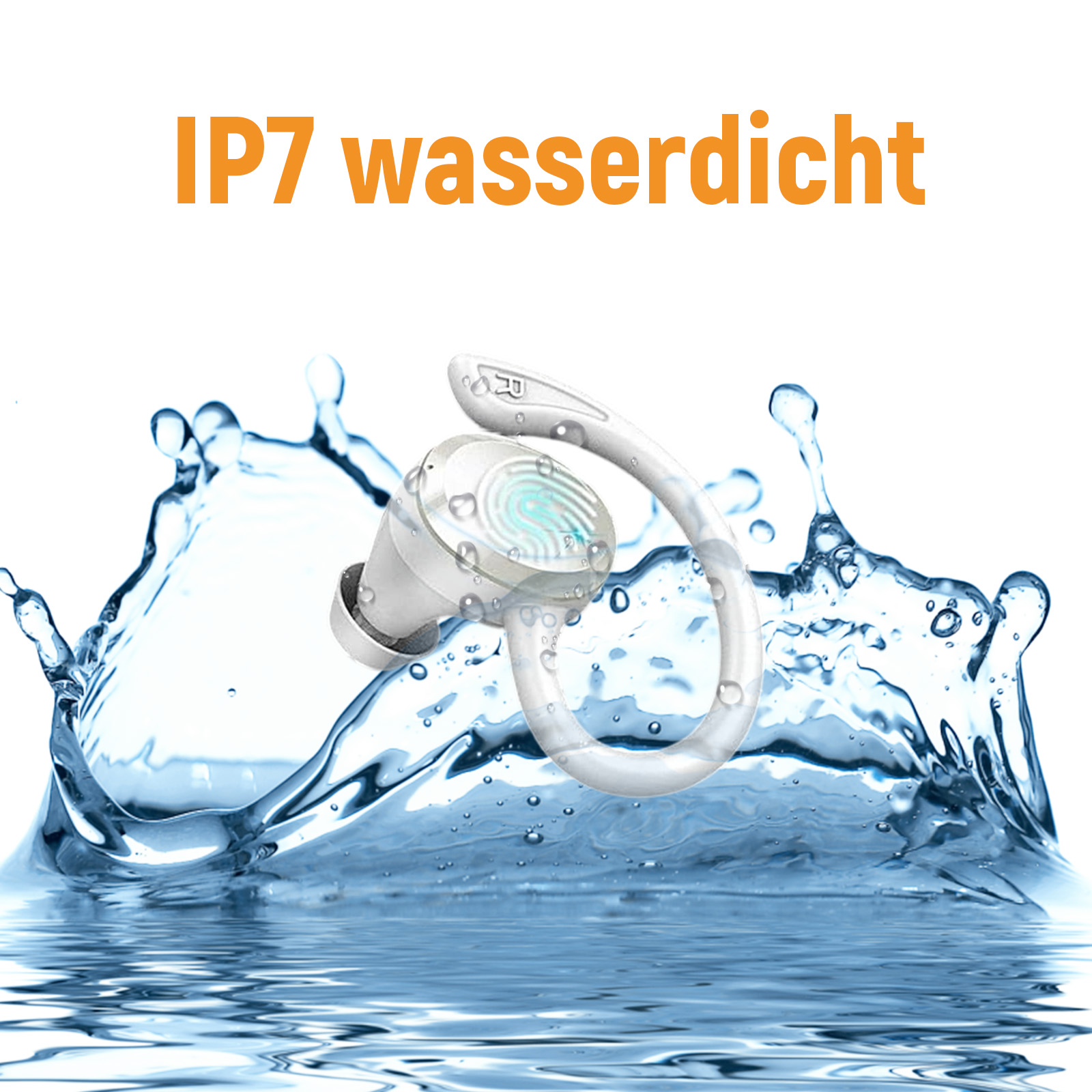Weißer, drahtloser Ohrhörer im Wasserspritzer, mit IP7 wasserdichtem Text.