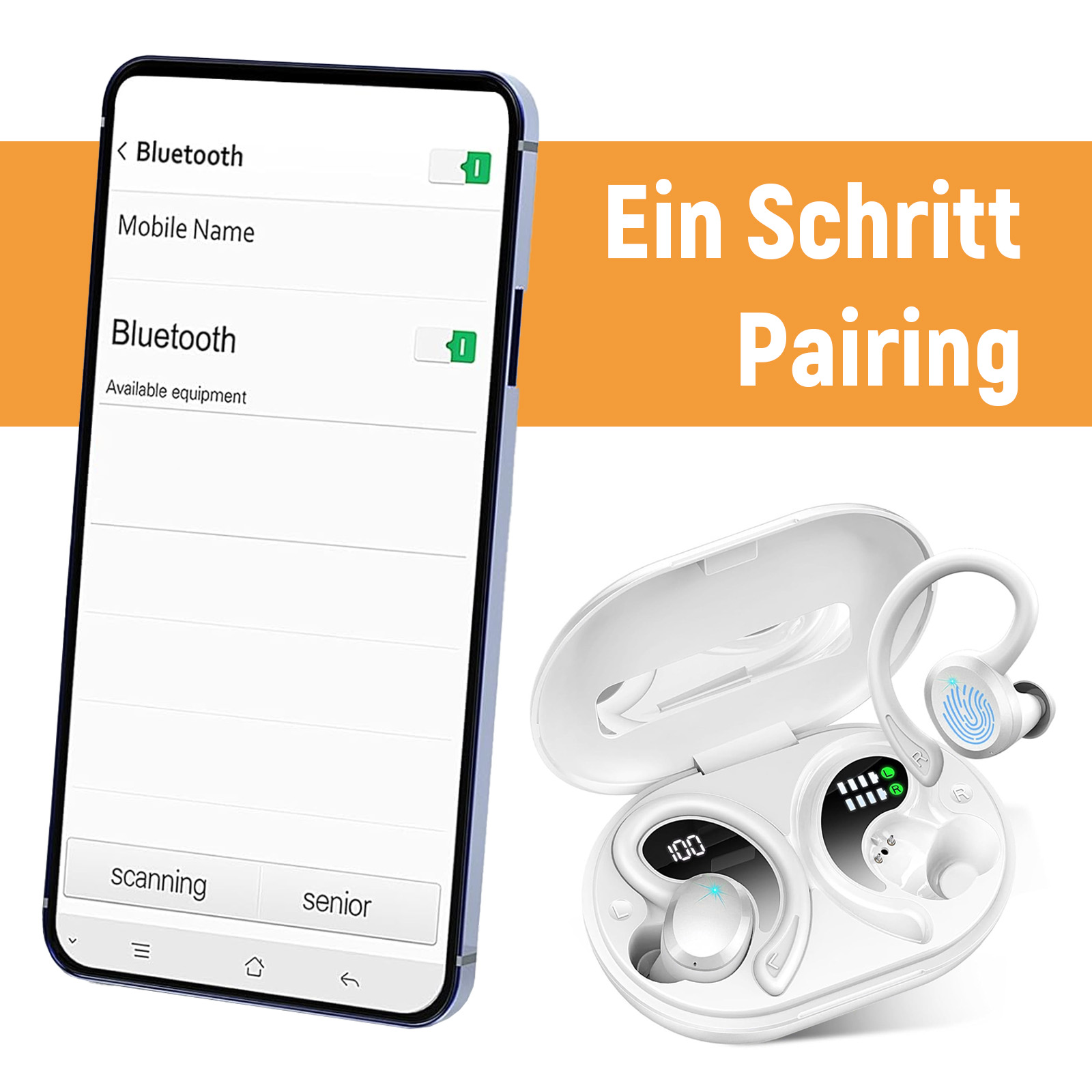 Telefonbildschirm mit Bluetooth-Einstellungen, mit Ohrhörern im Ladecase.