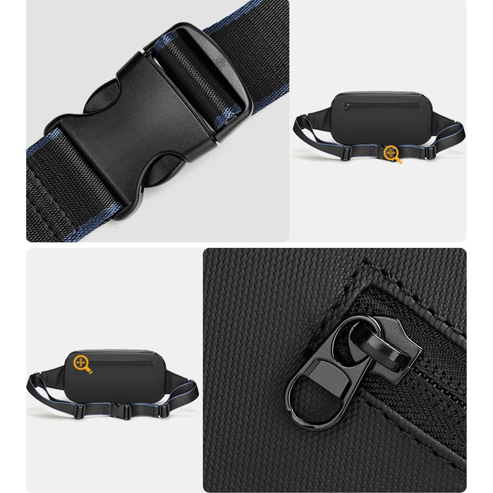 Schwarze Bauchtasche mit schwarzer Schnalle und blauem Riemen.