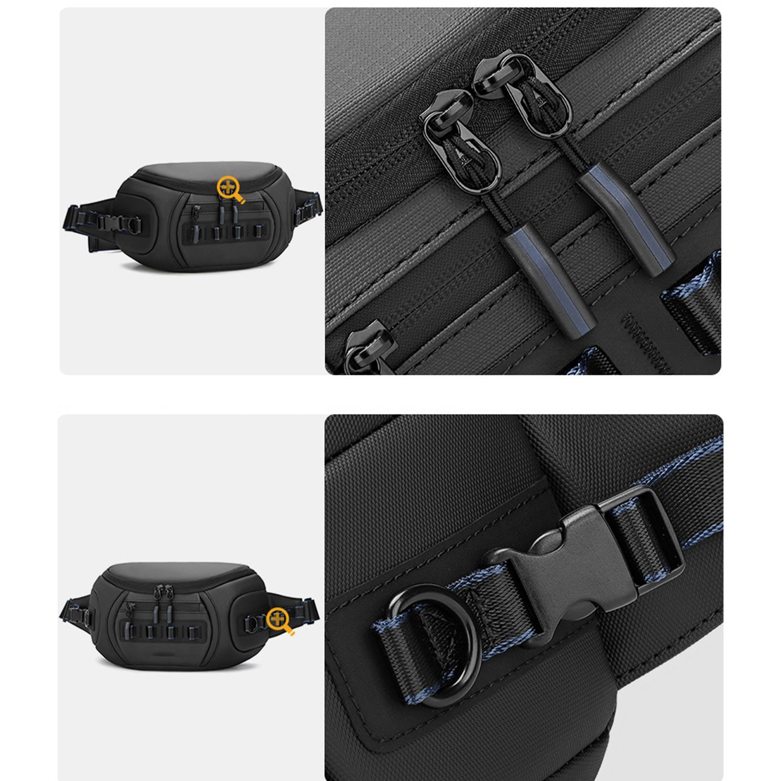 Schwarze Bauchtasche mit mehreren Reißverschlussfächern und Schnallen. Detailaufnahmen von Reißverschluss und Schnalle.