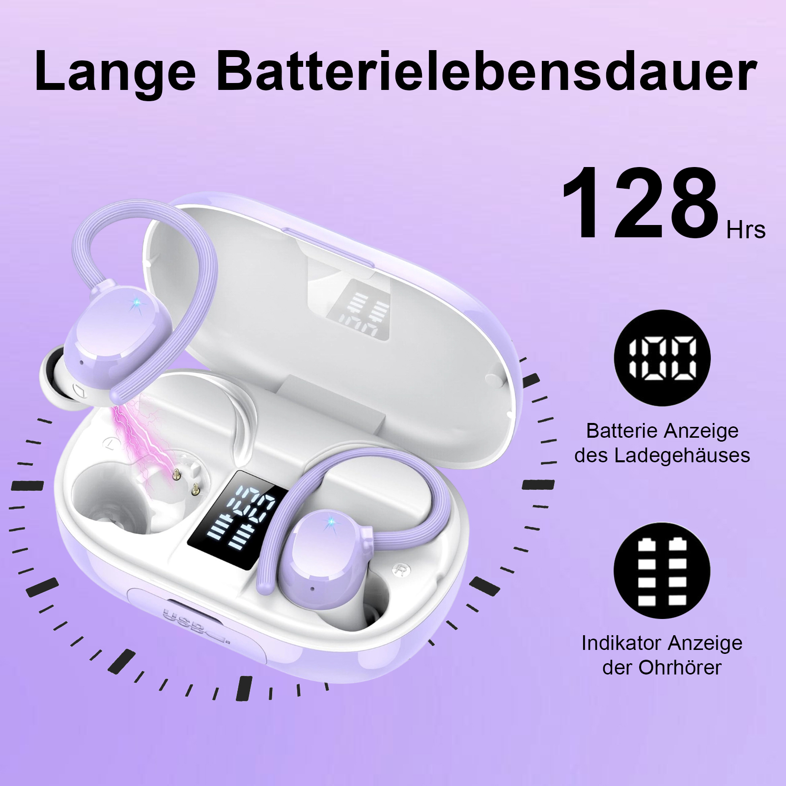Offene Ladebox mit Ohrhörern. Das Display zeigt Akkulaufzeit und Reststunden. Text sagt 128 Stunden.