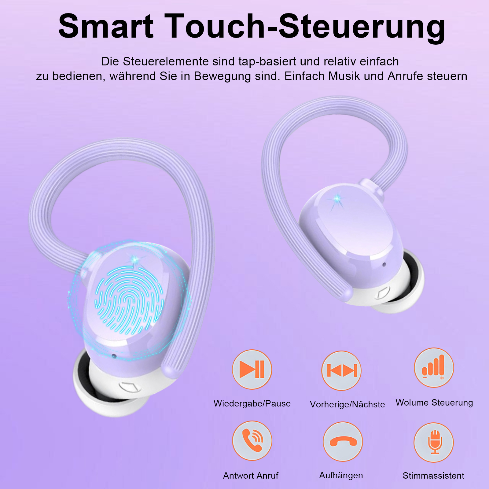 Lila Ohrhörer, Steuerungssymbole und Text: 'Smart Touch-Steuerung'. Symbole für Wiedergabe, Anrufe und Lautstärkeregelung.