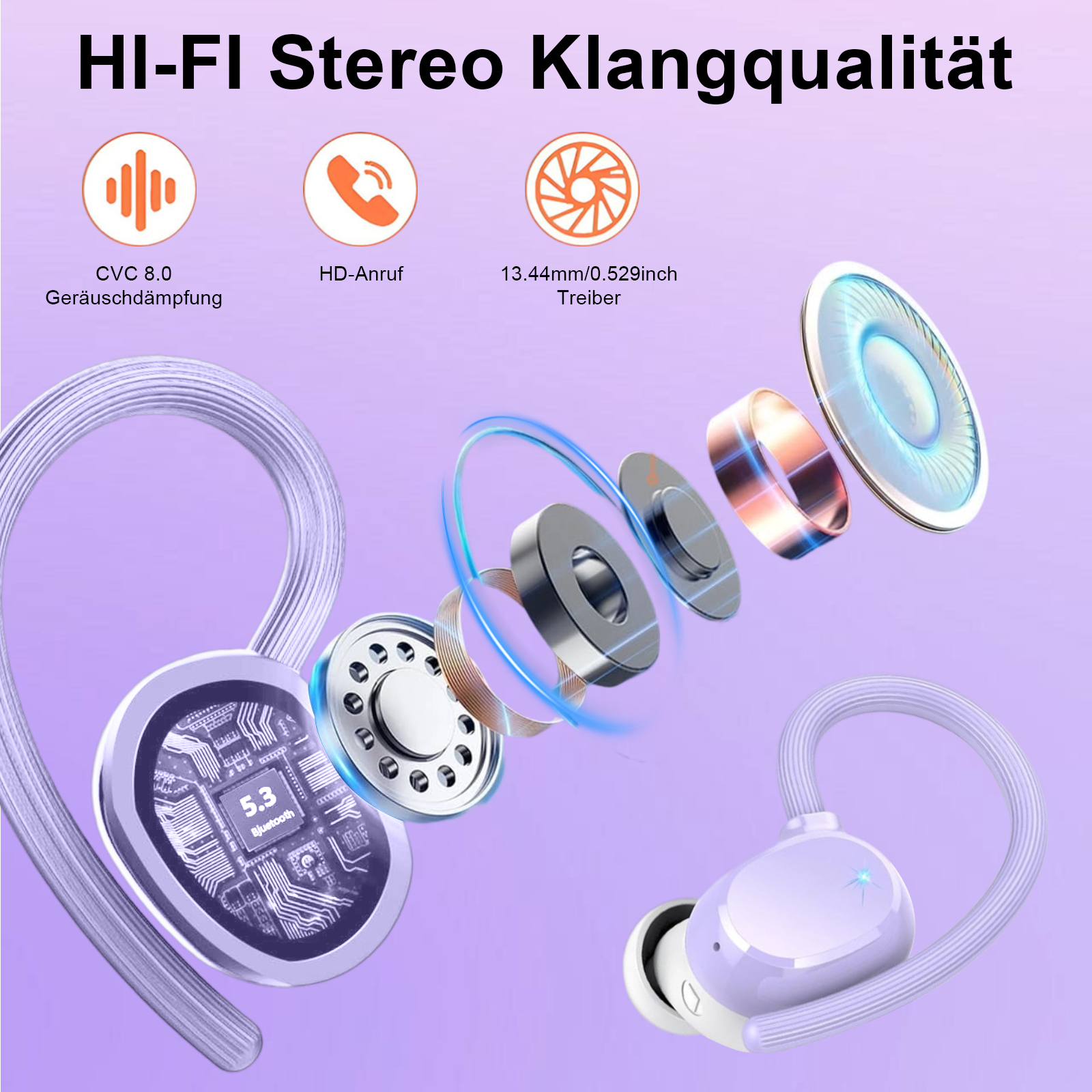 Lila Ohrhörer mit Explosionsansicht, die Komponenten wie Bluetooth, Treiber und Geräuschunterdrückungsfunktionen zeigt.