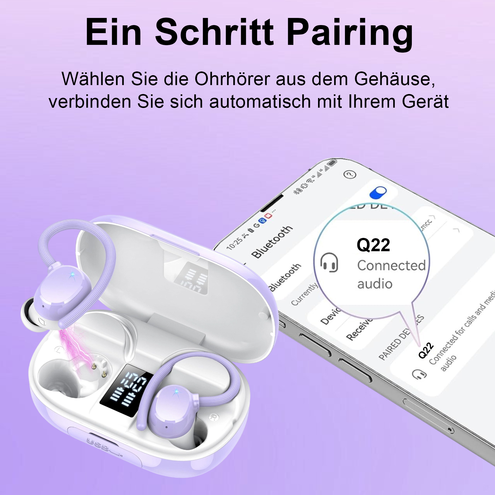Ohrhörer in einem Gehäuse, verbunden mit einem Telefon. Telefon zeigt 'Q22 Connected audio' und Bluetooth-Einstellungen.
