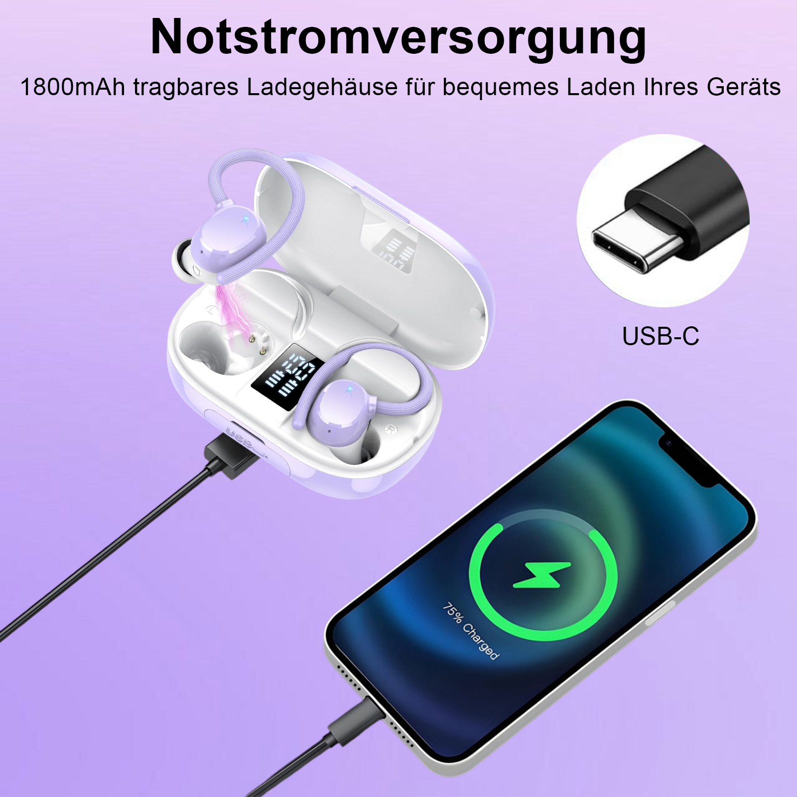 Ohrhörer, Ladecase und Telefon, das mit einem Kabel lädt.