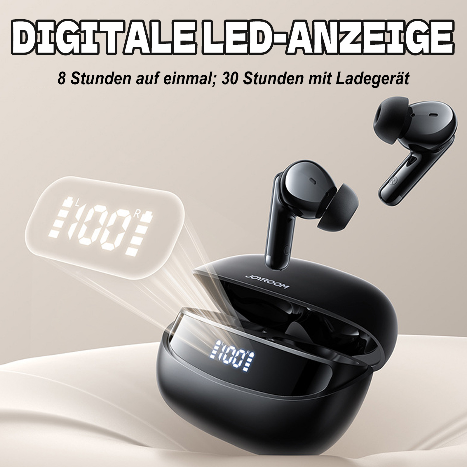 Schwarze Ohrhörer und Ladecase mit Digitalanzeige.