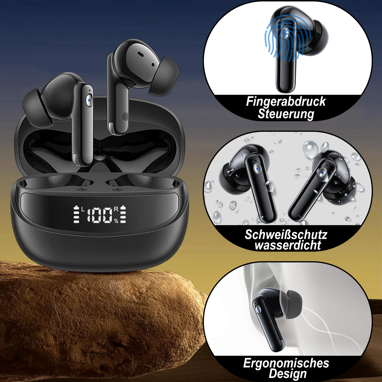 Schwarze Ohrhörer in einem Gehäuse, mit Fingerabdrucksteuerung, wasserdichten Eigenschaften und ergonomischen Designdetails.