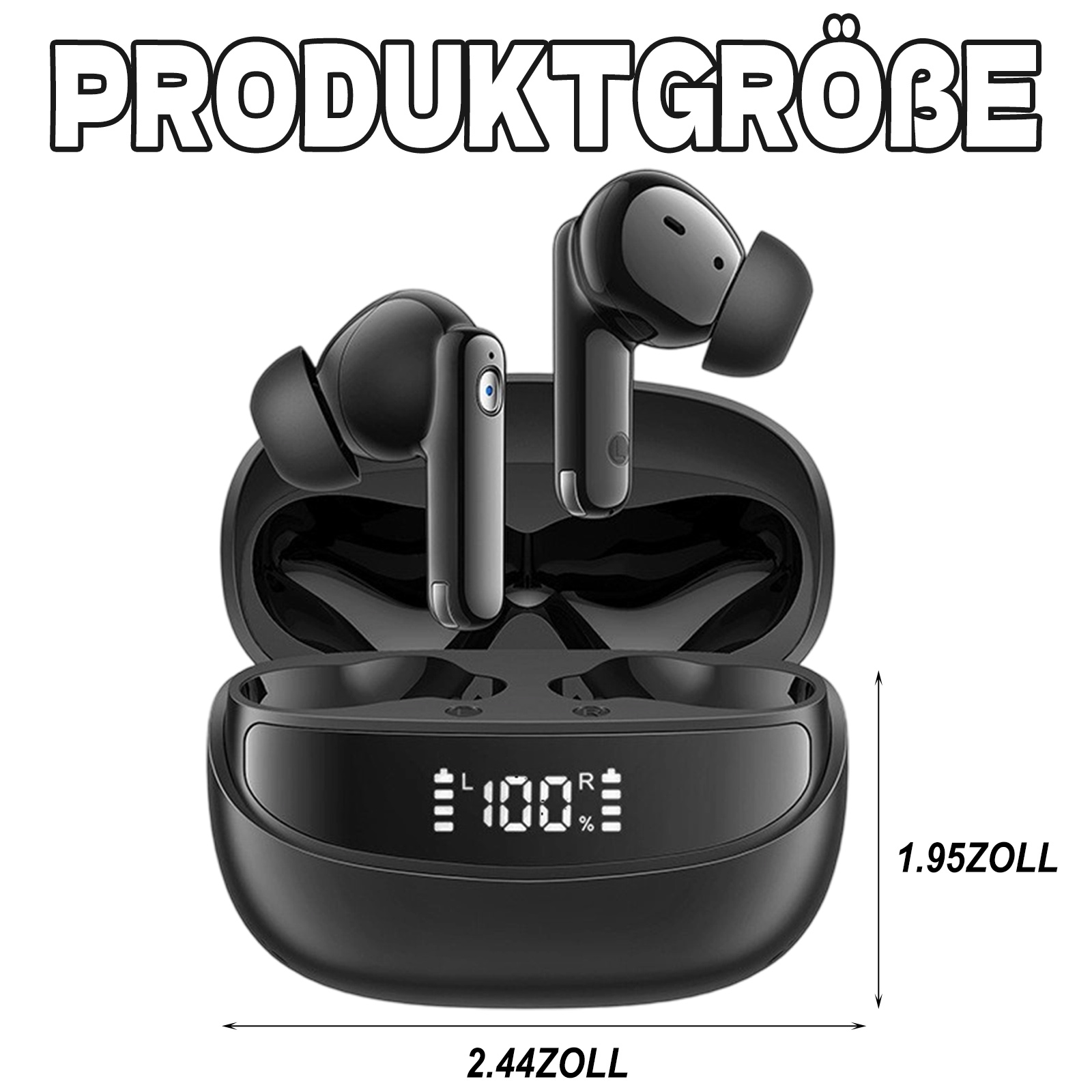 Schwarze Ohrhörer in einem Gehäuse, die Produktabmessungen anzeigen. Text: 'Produktgröße' mit Maßen in Zoll.