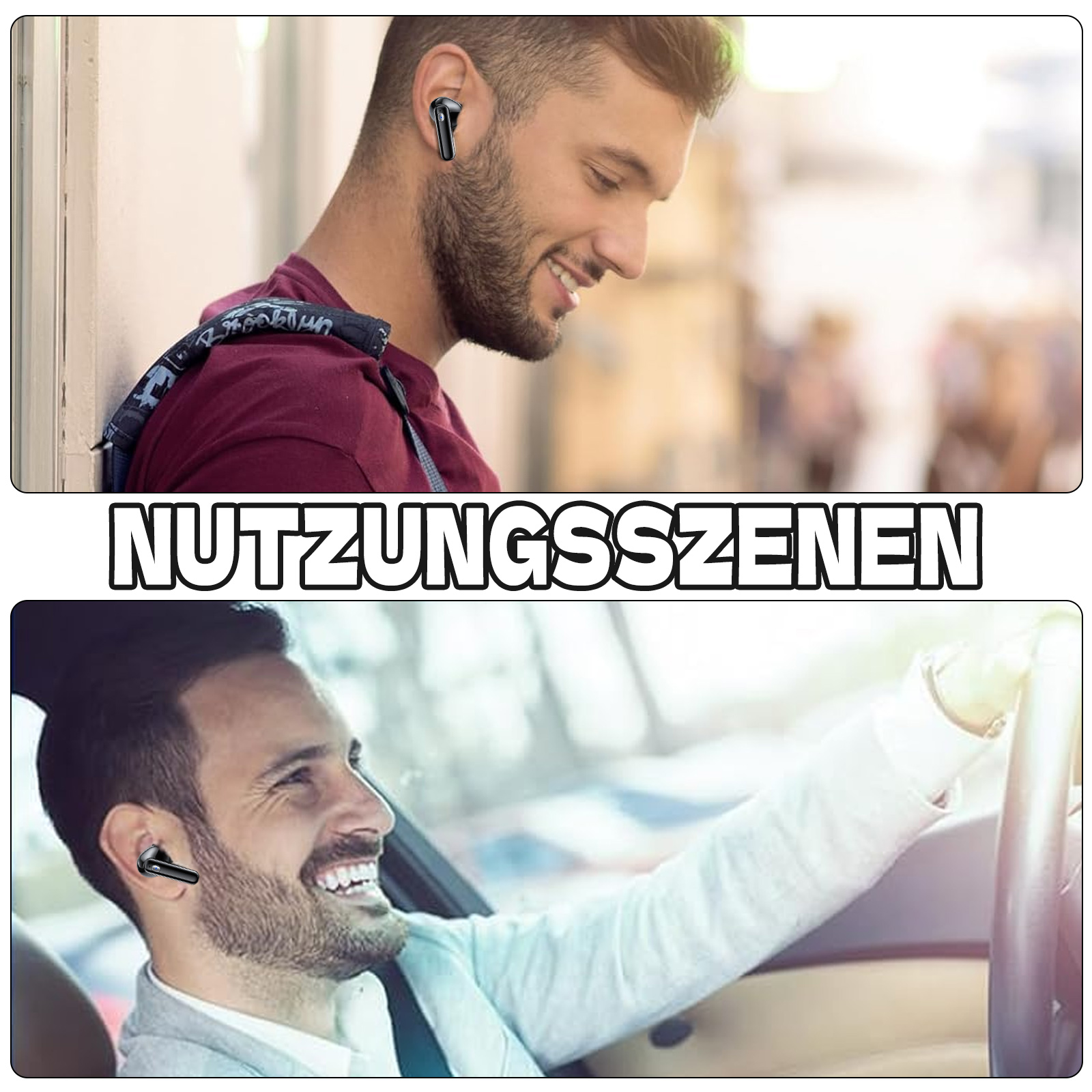 Mann mit Ohrhörern, auf der Straße und im Auto lächelnd.