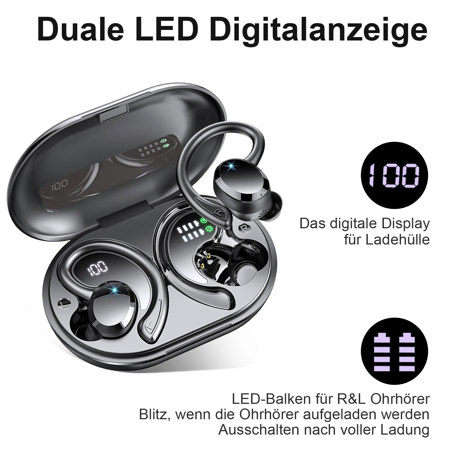 Ohrhörer in Ladecase mit Digitalanzeigen und LED-Anzeigen. Anzeigen zeigen Batteriestand und Ladestatus an.