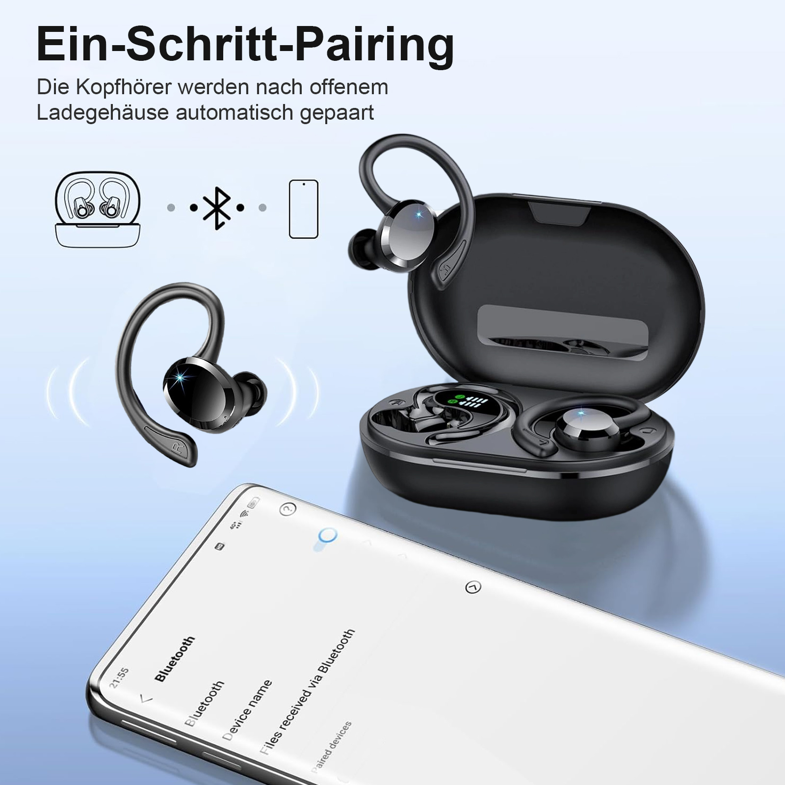 Drahtlose Ohrhörer, Ladecase und Telefon. Bluetooth-Kopplung, schwarzes Farbschema, hellblauer Hintergrund.