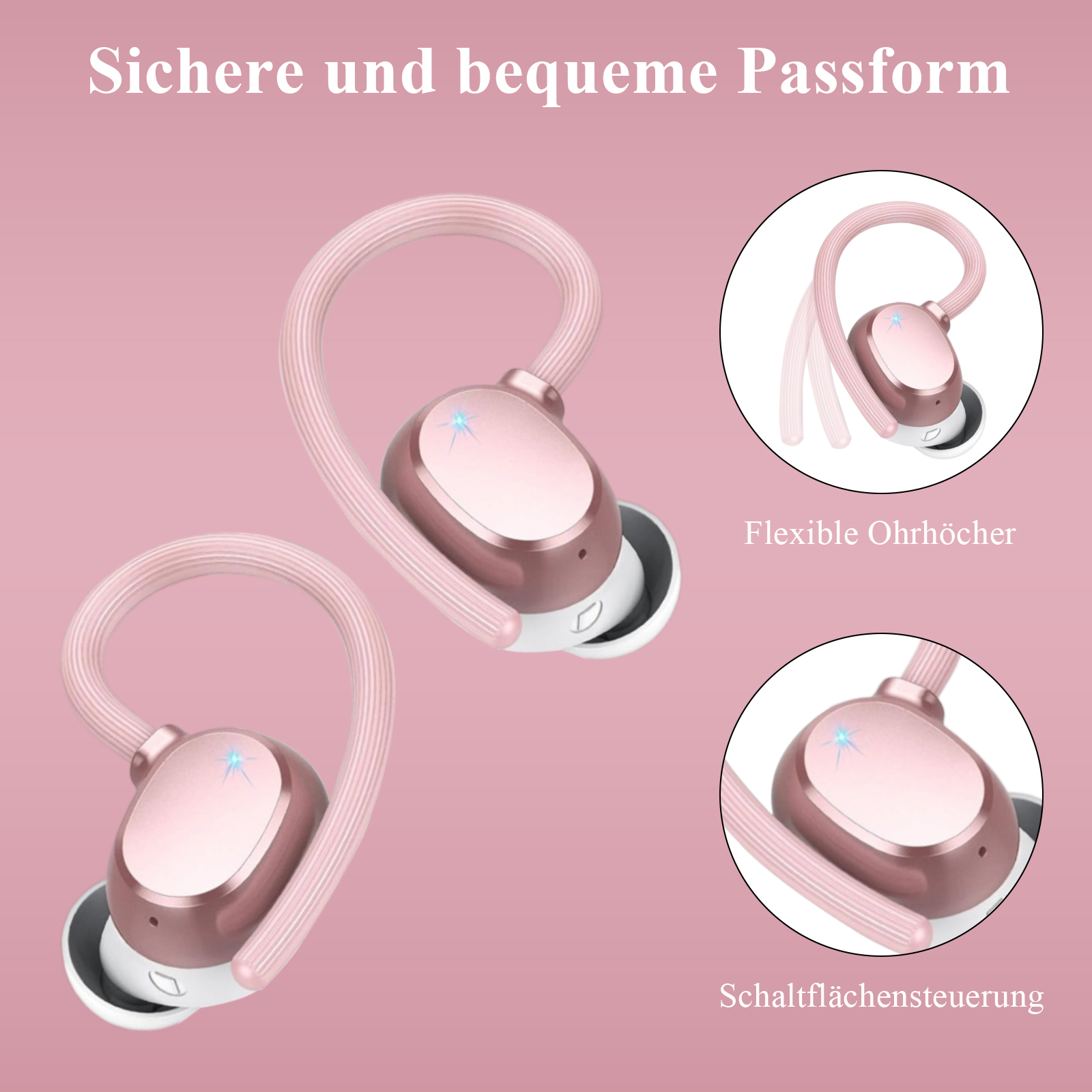 Rosa kabellose Ohrhörer mit Ohrbügeln, mit Nahaufnahmen. Zwei sind in Gebrauch, einer wird detailliert gezeigt.