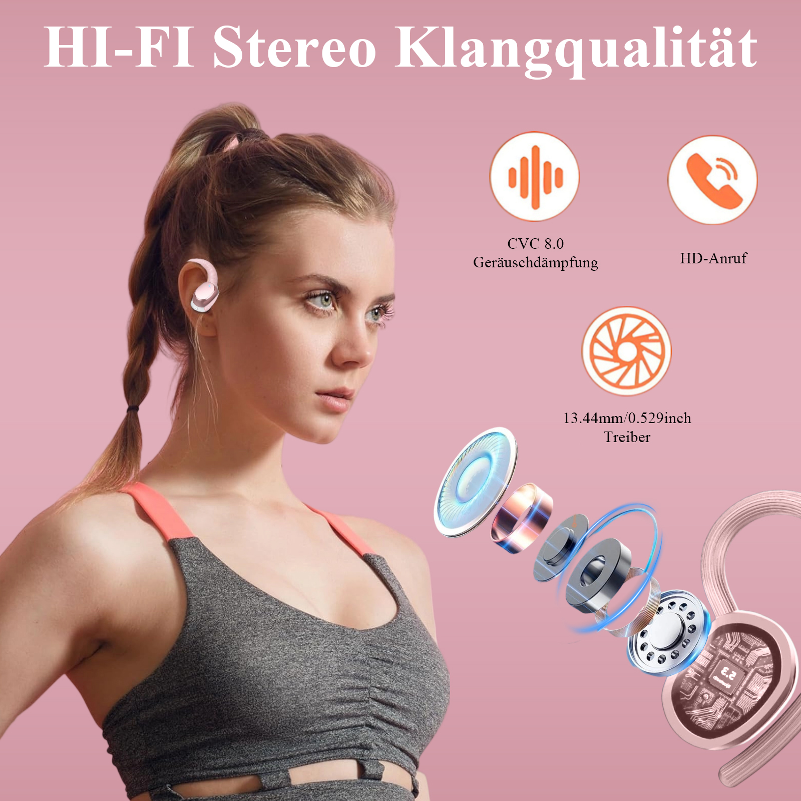 Eine Frau mit Ohrhörern in Sportkleidung. Text enthält Stereo-Infos, Tonsymbole und technische Daten.