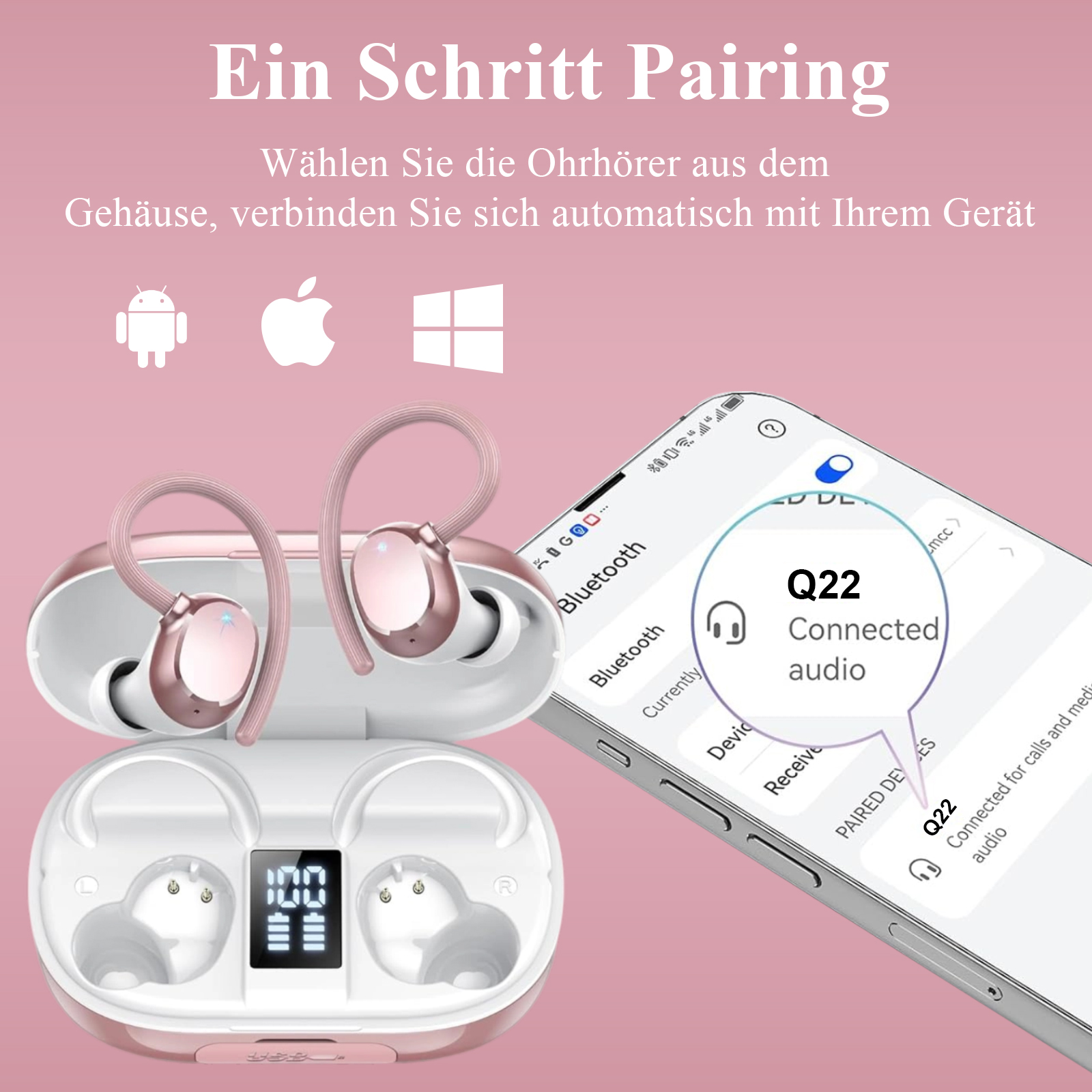 Drahtlose, pinkfarbene Ohrhörer mit Ladecase und Smartphone, das eine Kopplungsanleitung für Audio zeigt.