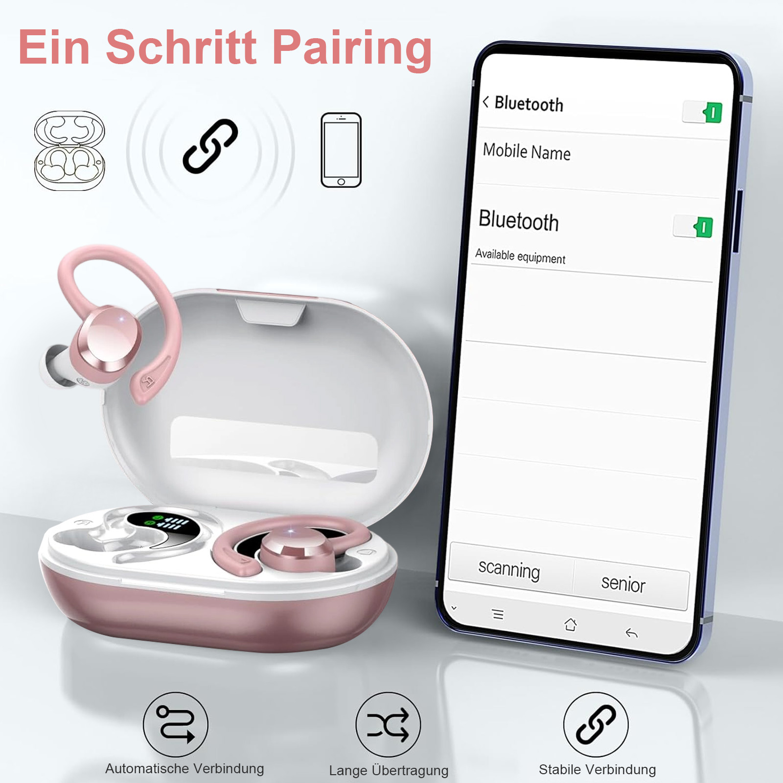 Rosa Ohrhörer und Etui, ein Telefon mit Bluetooth-Einstellungen und Pairing-Symbolen werden gezeigt.