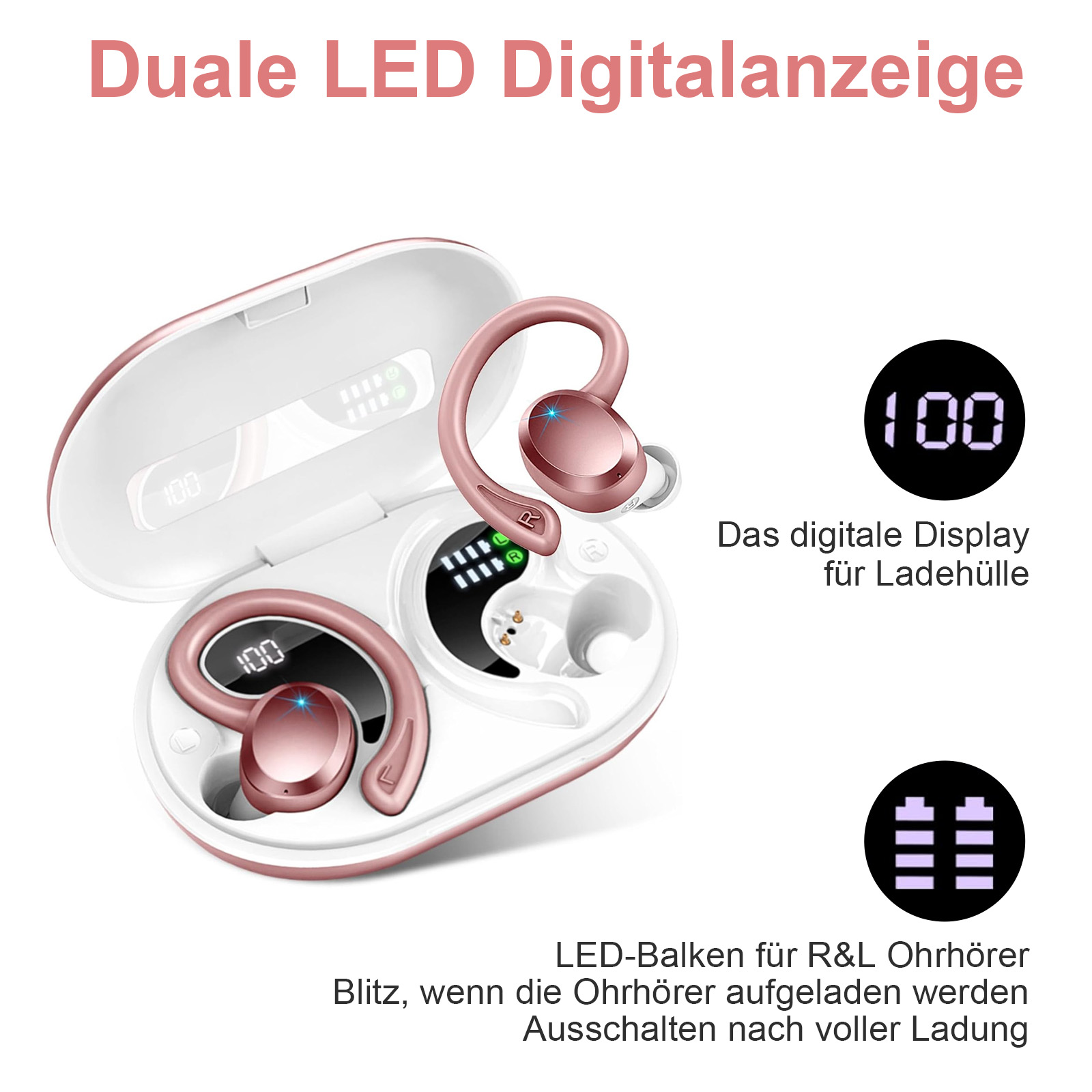 Roségold-Ohrhörer in weißem Etui. Displays zeigen Zahlen und Symbole. Text auf Deutsch erklärt den Ladestatus.