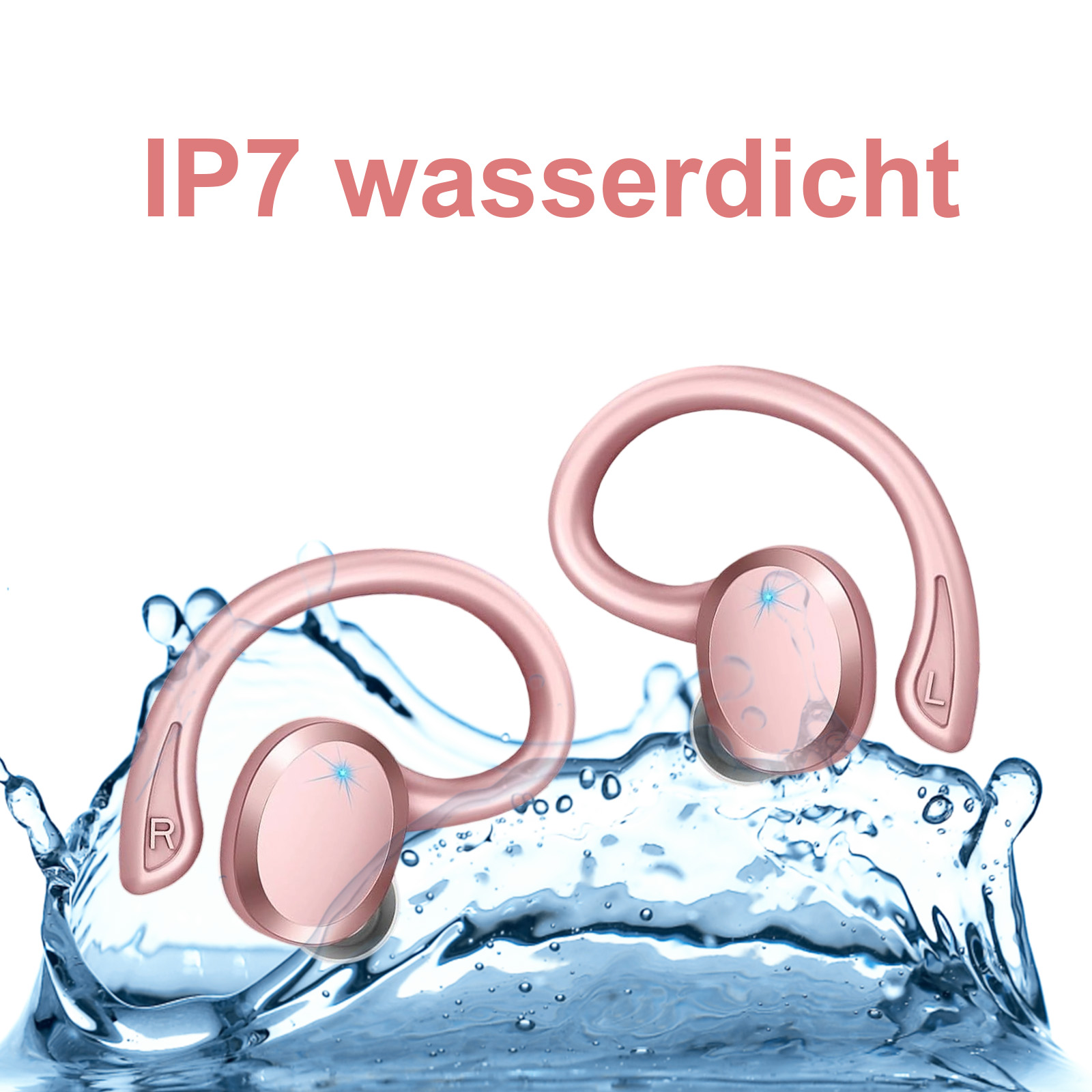 Rosa wasserdichte Ohrhörer im Wasser, darüber der Text 'IP7 wasserdicht'.