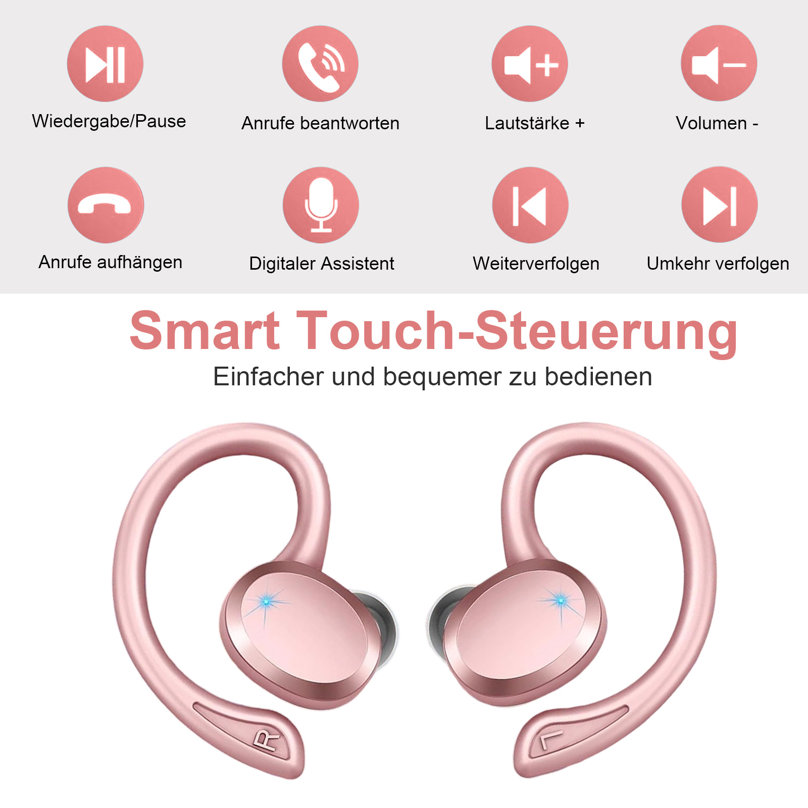 Roségoldene kabellose Ohrhörer mit Touch-Bedienelementen und Funktionssymbolen, mit Text auf Deutsch.