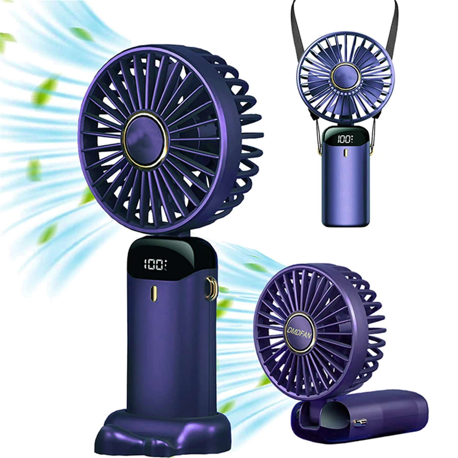 Drei lila tragbare Ventilatoren. Einer aufrecht, einer hängend und einer zusammengeklappt. Hintergrund zeigt Luft und Blätter. Digitalanzeige zeigt 100%.