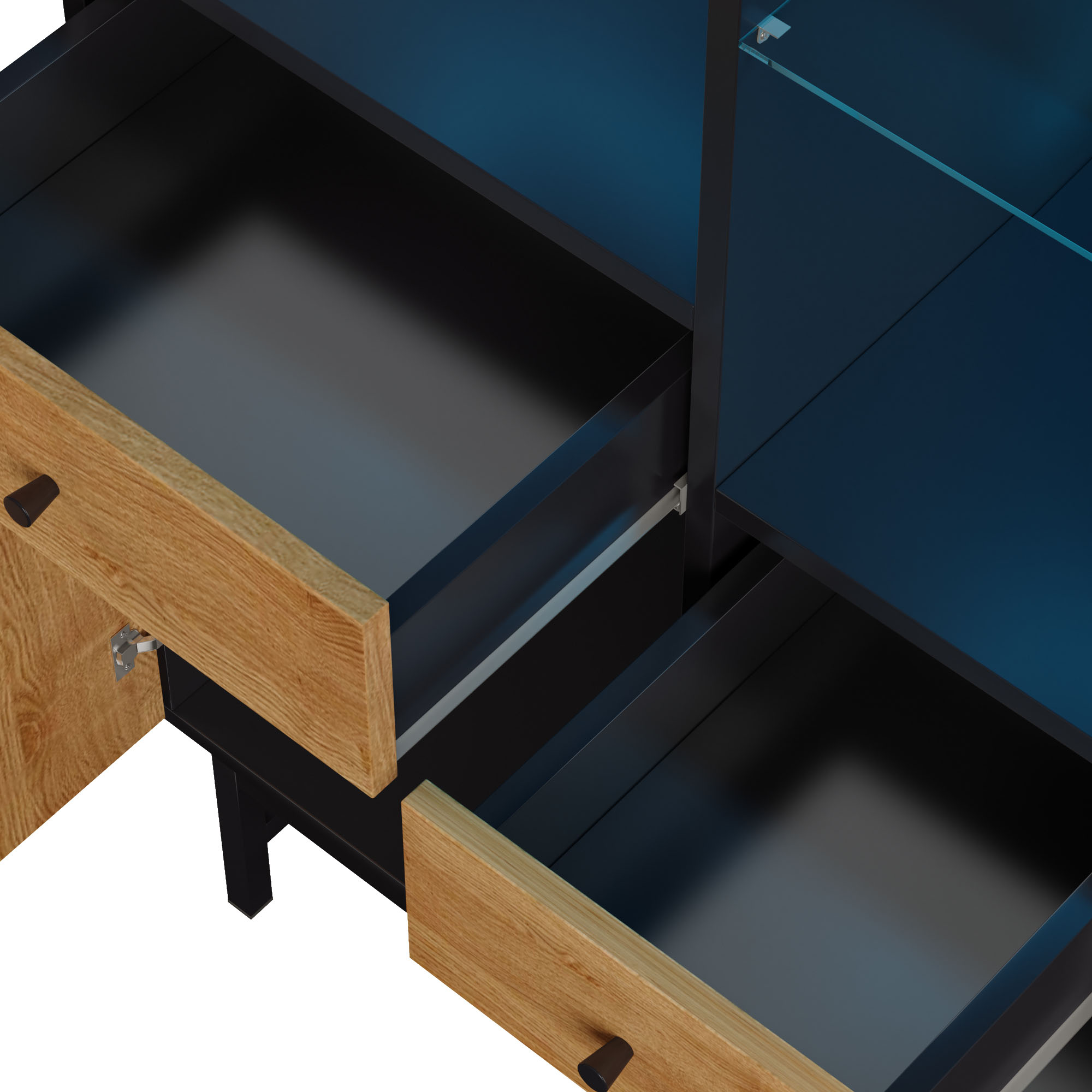 Nahaufnahme von offenen Schubladen in einem Schrank. Die Schubladen sind aus Holz und schwarz, mit einem blauen Licht darüber.