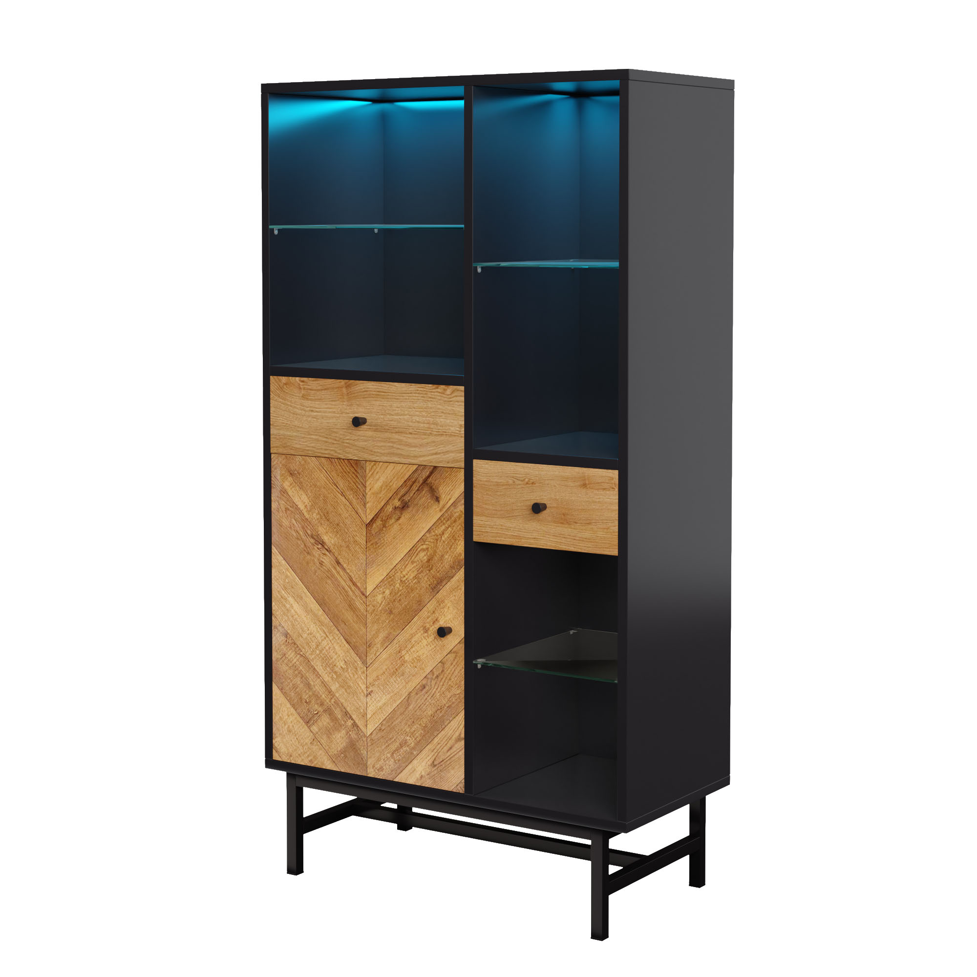 Ein schwarzer und Holzschrank mit Glasböden, Schubladen und blauer Innenbeleuchtung. Er steht auf schwarzen Beinen.
