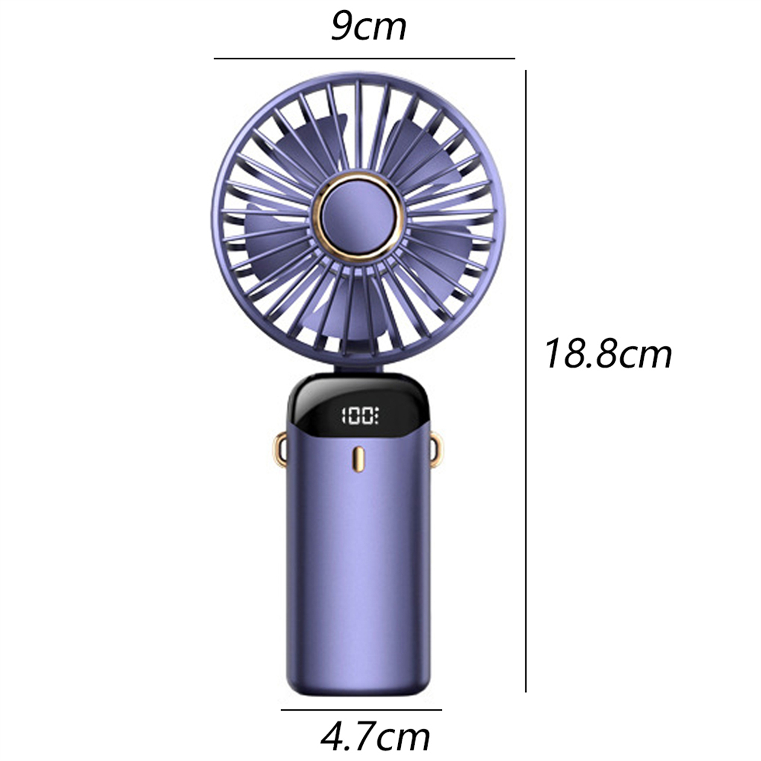 Ein lila Handventilator mit Digitalanzeige, die 100% anzeigt. Abmessungen: 9 cm breit, 18,8 cm hoch, 4,7 cm dick.