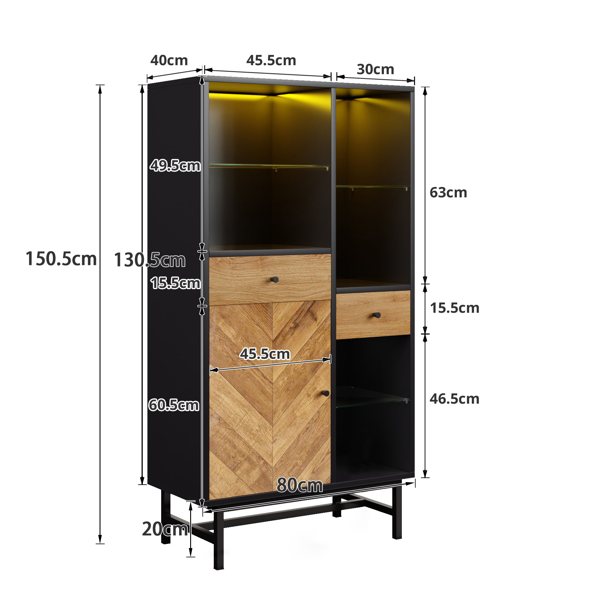 Ein schwarzer und hölzerner Schrank mit Abmessungen. Der Schrank hat Türen, Schubladen und Glasböden.