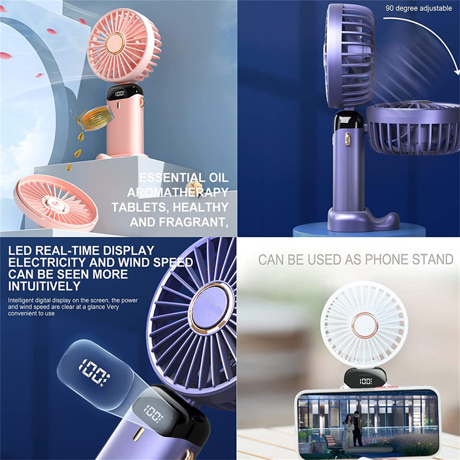 Tragbarer Ventilator mit Digitalanzeige, verstellbarem Kopf und Handyhalterung. Erhältlich in Pink, Lila und Weiß.