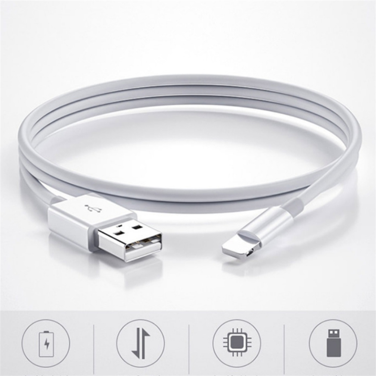 Weißes USB-Kabel, aufgerollt. USB-A- und Lightning-Anschlüsse sichtbar. Symbole für Laden, Datenübertragung, Verarbeitung und USB.