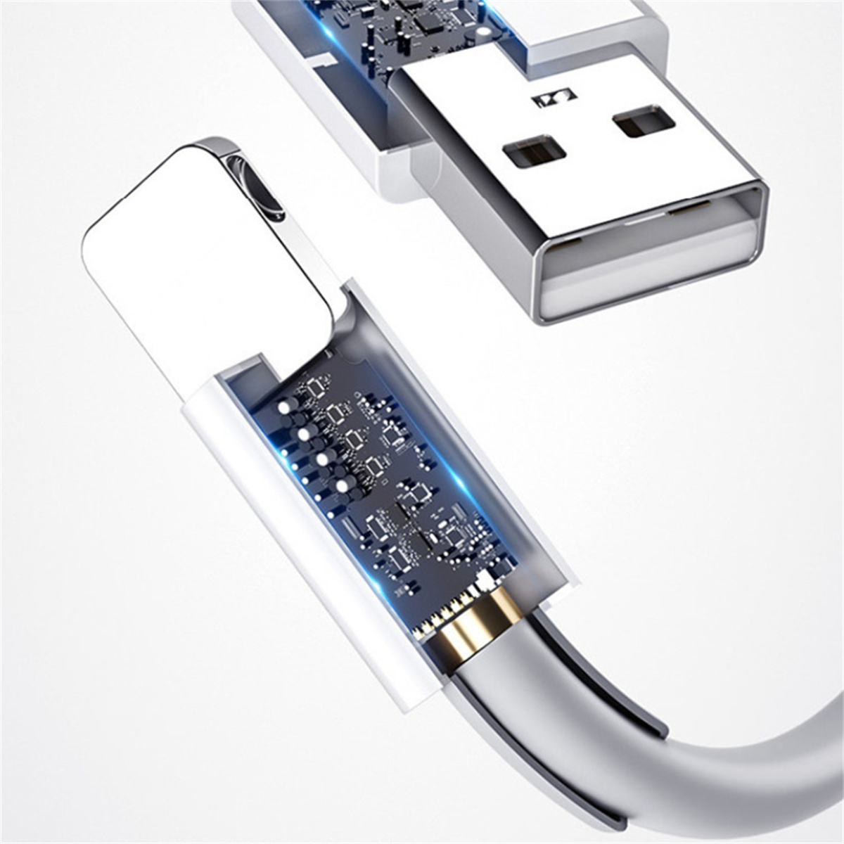 Nahaufnahme eines USB-Kabels. Es ist silber und weiß mit einer freiliegenden Leiterplatte.