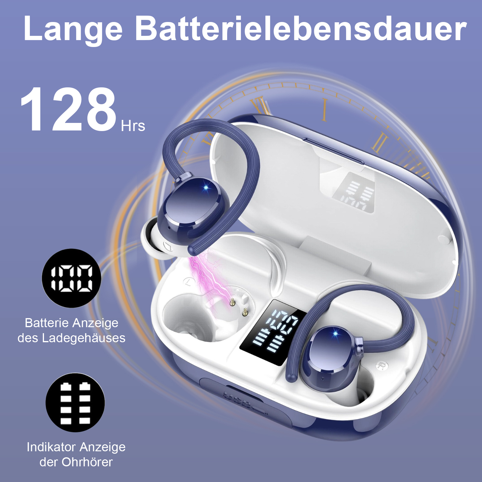Ein Ladecase mit Ohrhörern, das den Akkustand anzeigt. Der Text zeigt 128 Stunden Akkulaufzeit.