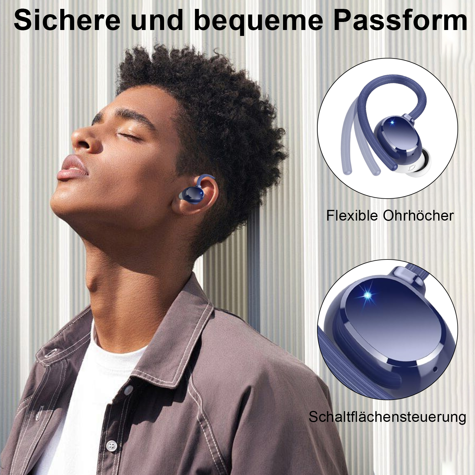 Nahaufnahme eines Ohrhörers im Ohr einer Person. Der Ohrhörer ist marineblau. Der Text erwähnt eine bequeme Passform.