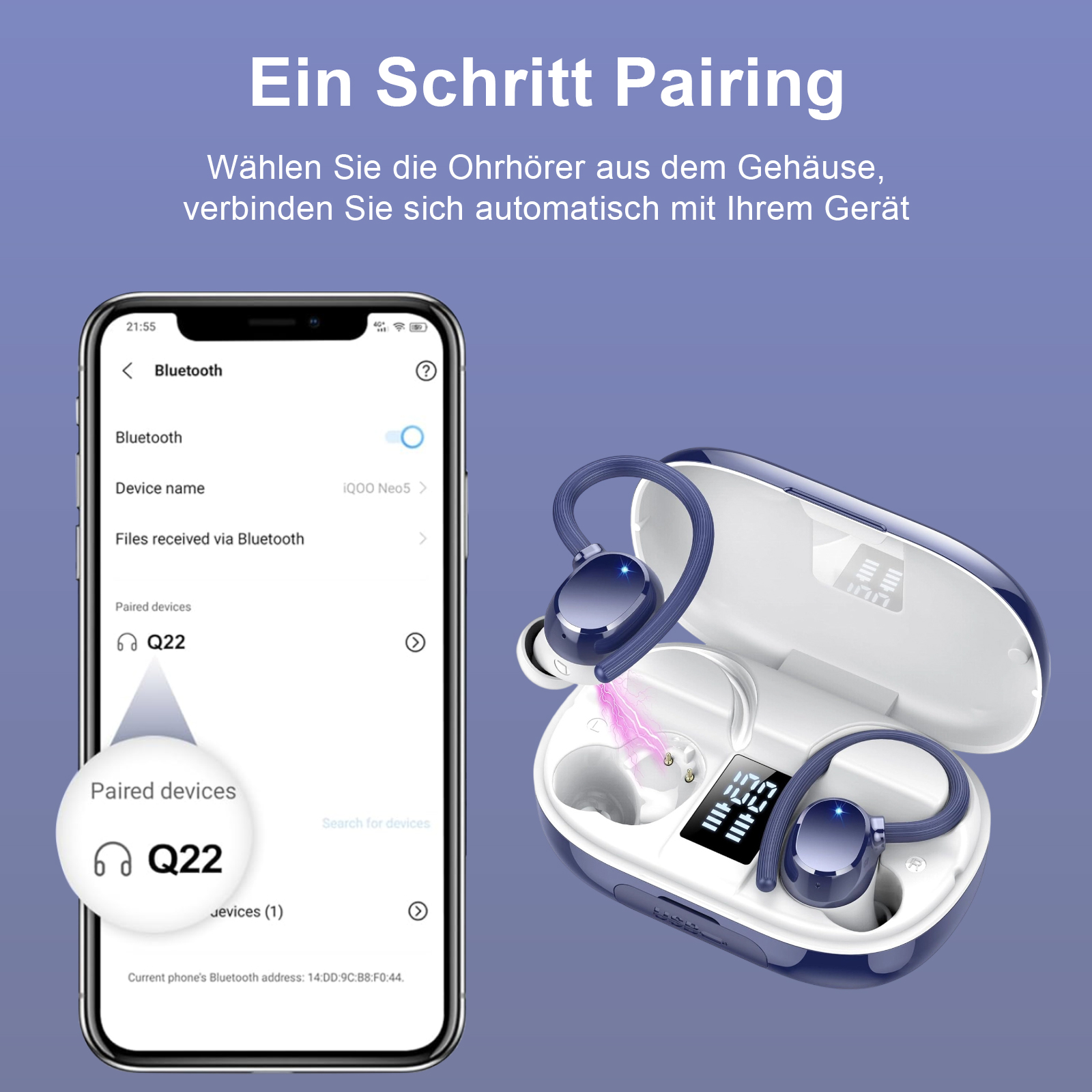 Ein Smartphone-Bildschirm zeigt einen Bluetooth-Kopplungsprozess mit Ohrhörern in einem Ladecase.