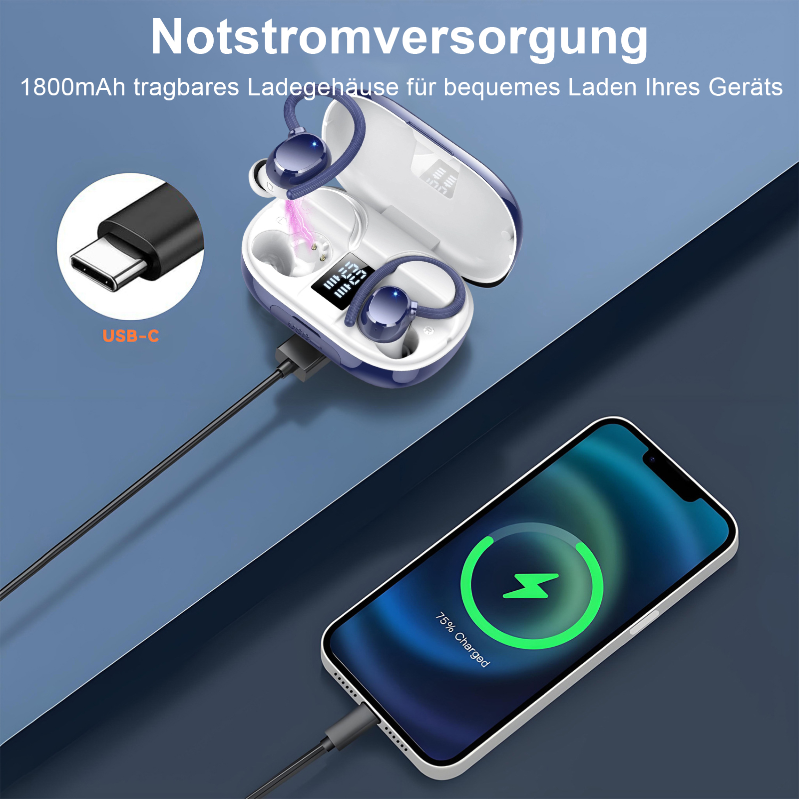 Ohrhörer laden ein Telefon auf. Ladecase mit Ohrhörern. USB-C-Kabel.