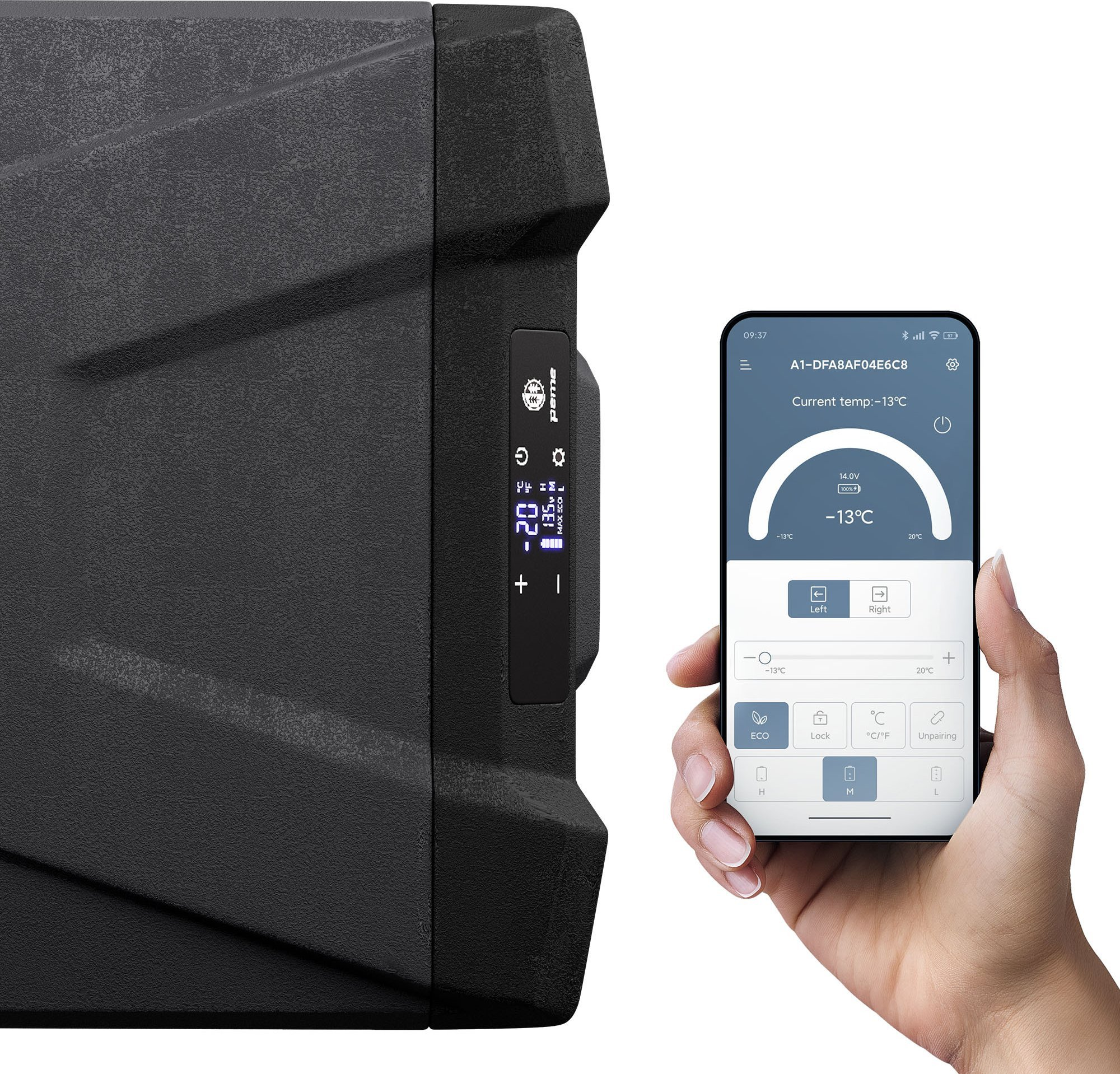 Un dispositivo negro con una pantalla que muestra -13°C y una mano sosteniendo un teléfono que muestra controles de temperatura.